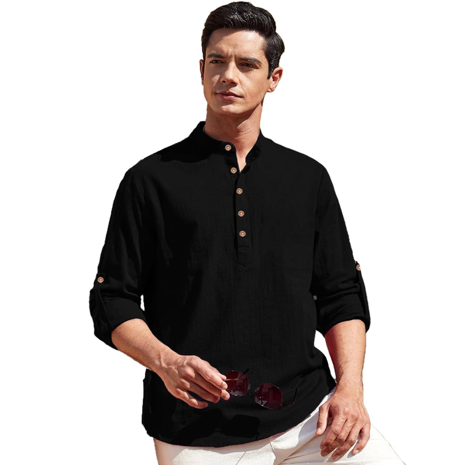 Vashuqi Black Cotton Blend Men's Shirt Style Kurta ( Pack of 1 )     			Vashuqi Black Cotton Blend Men's Shirt Style Kurta ( Pack of 1 )