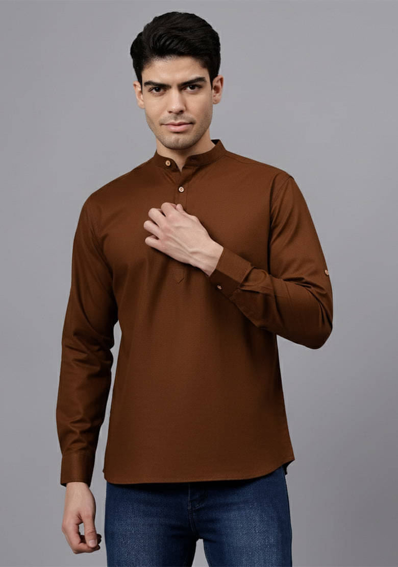 Vashuqi Brown Cotton Blend Men's Shirt Style Kurta ( Pack of 1 ) Vashuqi Brown Cotton Blend Men's Shirt Style Kurta ( Pack of 1 )