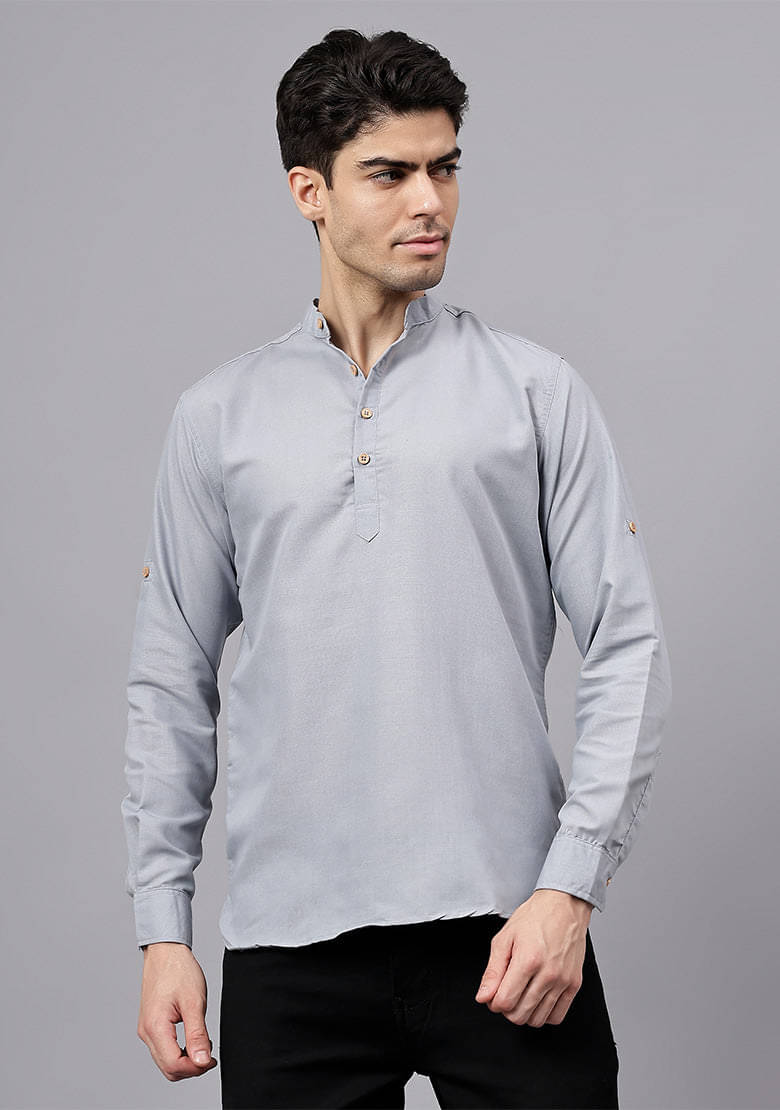 Vashuqi Grey Cotton Blend Men's Shirt Style Kurta ( Pack of 1 )     			Vashuqi Grey Cotton Blend Men's Shirt Style Kurta ( Pack of 1 )