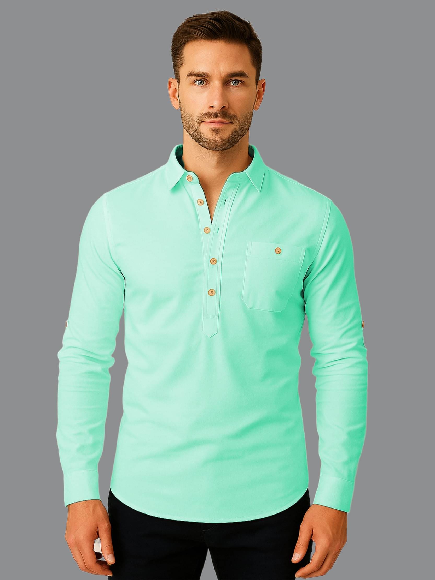     			Vashuqi Light Blue Cotton Blend Men's Shirt Style Kurta ( Pack of 1 )