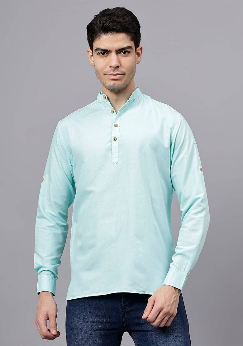 Vashuqi Light Blue Cotton Blend Men's Shirt Style Kurta ( Pack of 1 )     			Vashuqi Light Blue Cotton Blend Men's Shirt Style Kurta ( Pack of 1 )