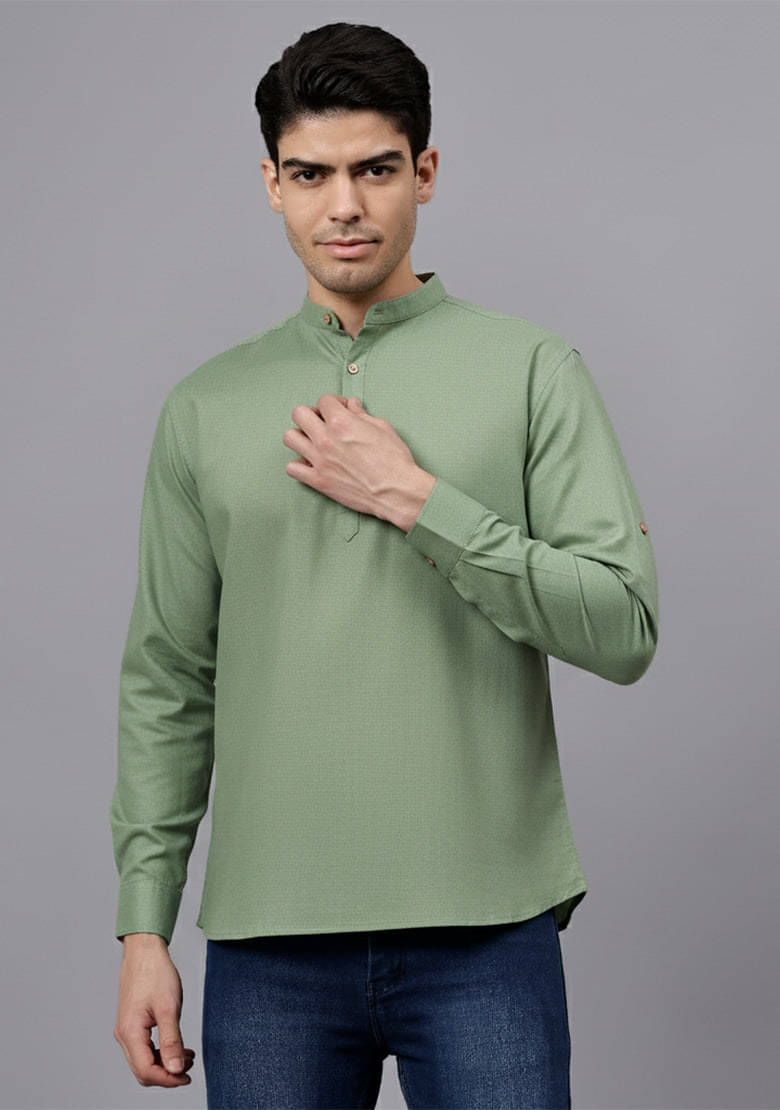 Vashuqi Light Green Cotton Blend Men's Shirt Style Kurta ( Pack of 1 ) Vashuqi Light Green Cotton Blend Men's Shirt Style Kurta ( Pack of 1 )