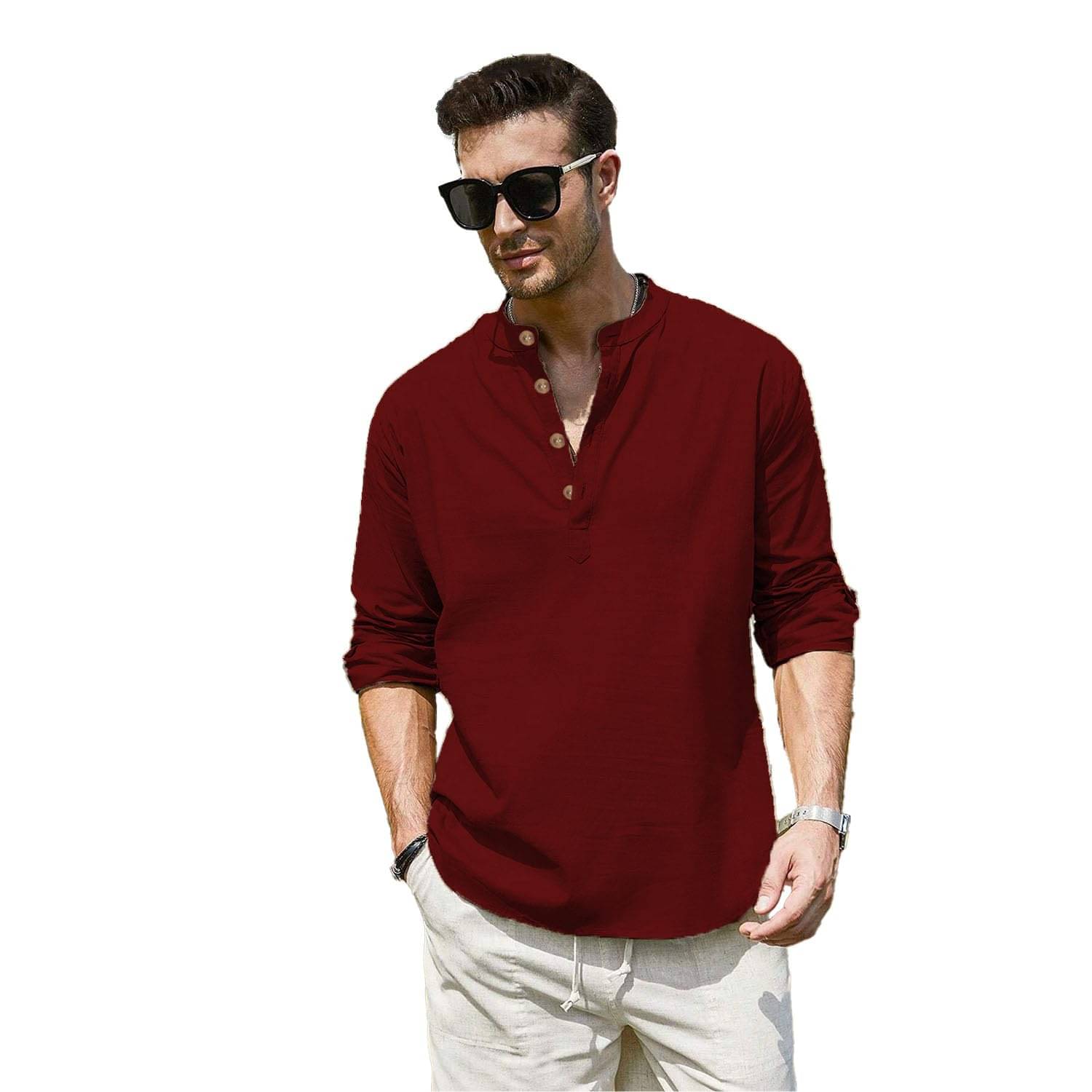 Vashuqi Maroon Cotton Blend Men's Shirt Style Kurta ( Pack of 1 )     			Vashuqi Maroon Cotton Blend Men's Shirt Style Kurta ( Pack of 1 )