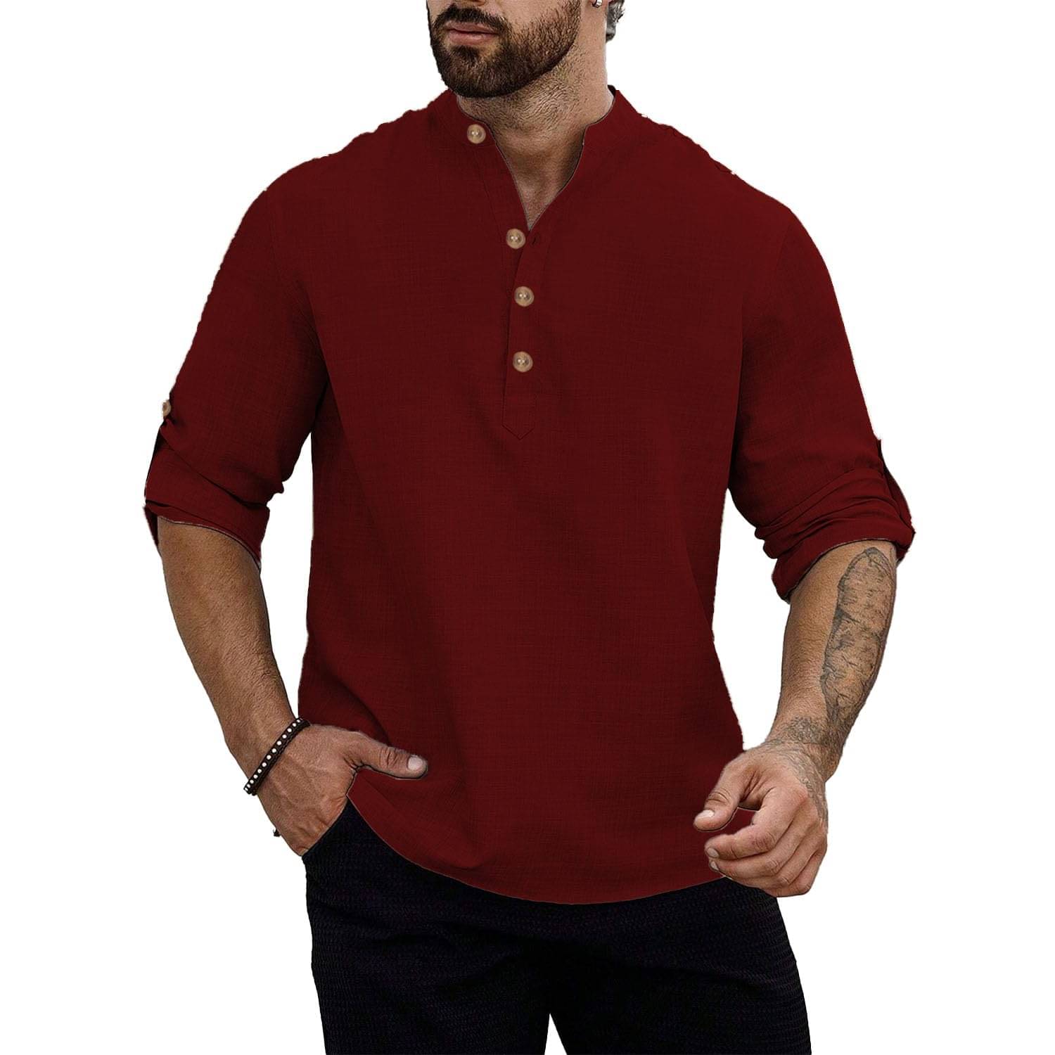 Vashuqi Maroon Cotton Blend Men's Shirt Style Kurta ( Pack of 1 )     			Vashuqi Maroon Cotton Blend Men's Shirt Style Kurta ( Pack of 1 )