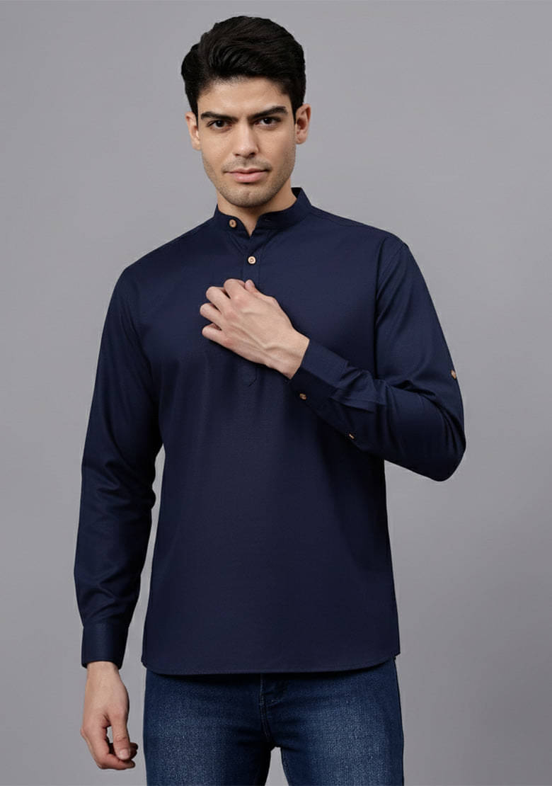 Vashuqi Navy Blue Cotton Blend Men's Shirt Style Kurta ( Pack of 1 )     			Vashuqi Navy Blue Cotton Blend Men's Shirt Style Kurta ( Pack of 1 )