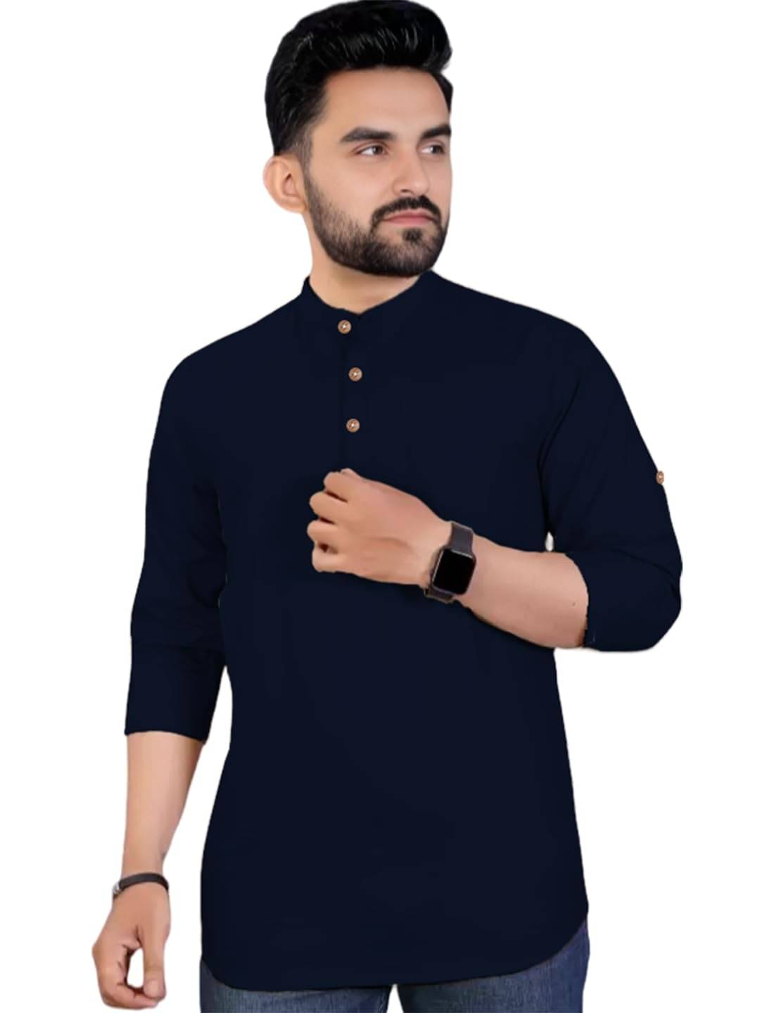 Vashuqi Navy Blue Cotton Blend Men's Shirt Style Kurta ( Pack of 1 )     			Vashuqi Navy Blue Cotton Blend Men's Shirt Style Kurta ( Pack of 1 )