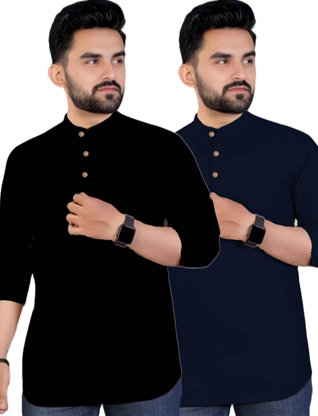 Vashuqi Navy Blue Cotton Blend Men's Shirt Style Kurta ( Pack of 2 )     			Vashuqi Navy Blue Cotton Blend Men's Shirt Style Kurta ( Pack of 2 )