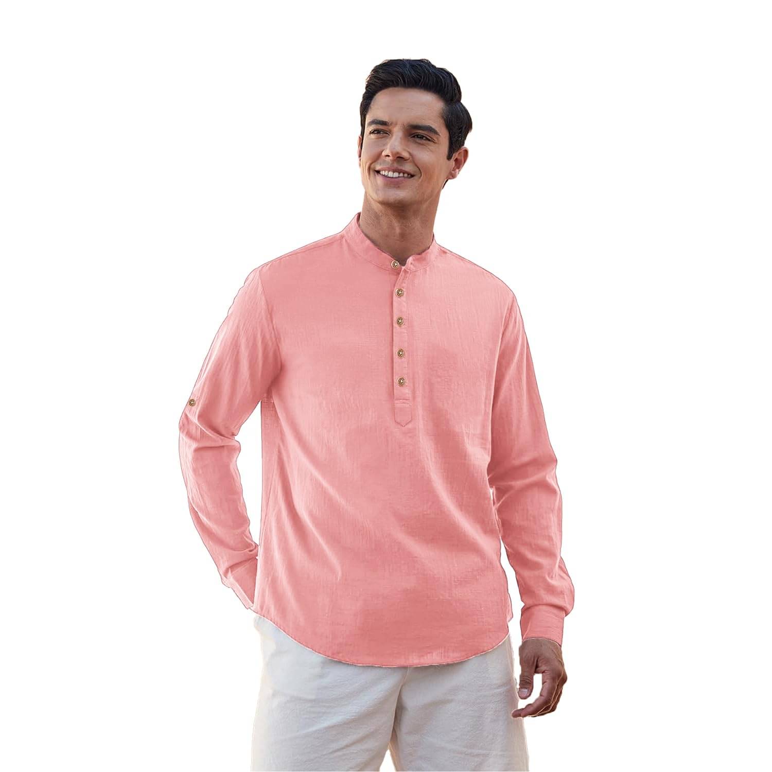 Vashuqi Peach Cotton Blend Men's Shirt Style Kurta ( Pack of 1 )     			Vashuqi Peach Cotton Blend Men's Shirt Style Kurta ( Pack of 1 )
