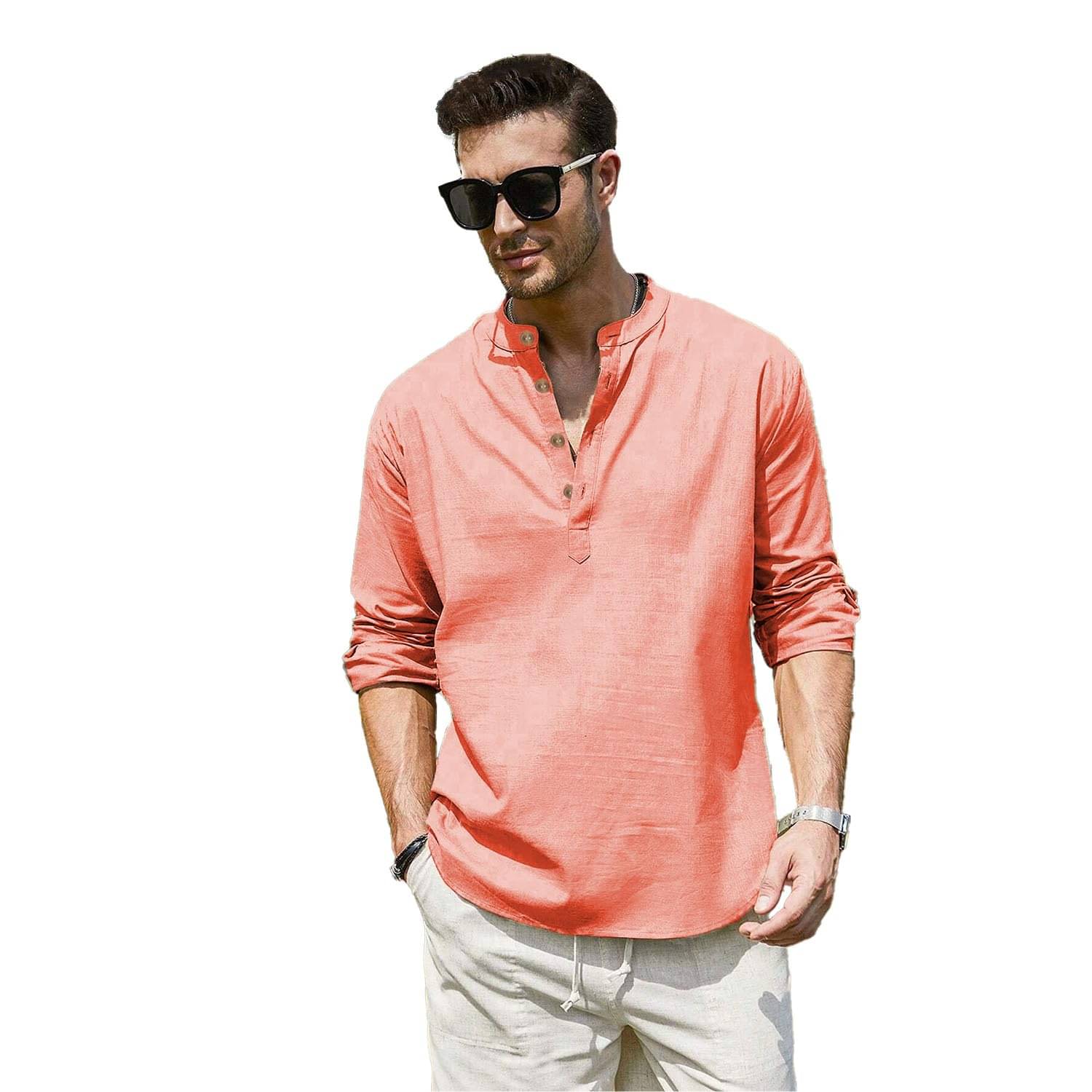 Vashuqi Peach Cotton Blend Men's Shirt Style Kurta ( Pack of 1 )     			Vashuqi Peach Cotton Blend Men's Shirt Style Kurta ( Pack of 1 )