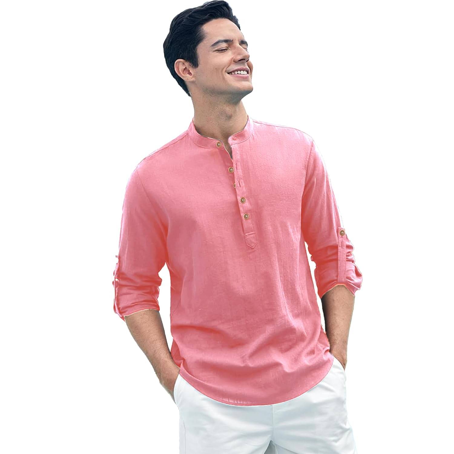 Vashuqi Peach Cotton Blend Men's Shirt Style Kurta ( Pack of 1 ) Vashuqi Peach Cotton Blend Men's Shirt Style Kurta ( Pack of 1 )