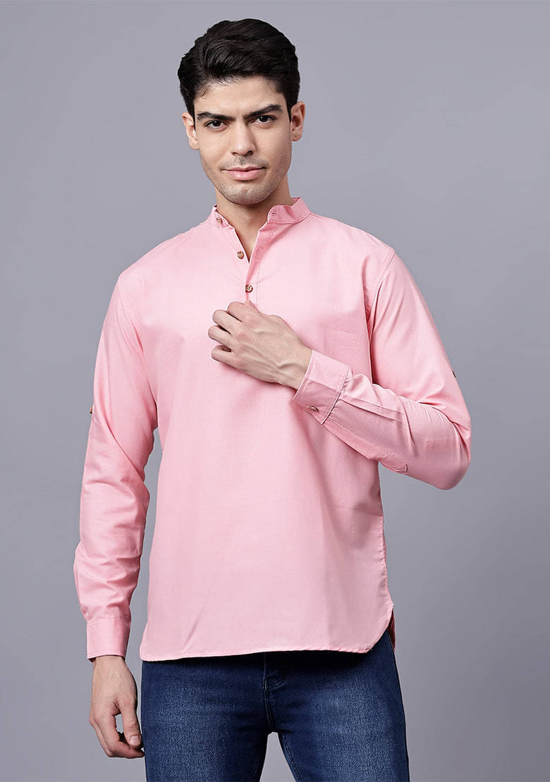 Vashuqi Peach Cotton Blend Men's Shirt Style Kurta ( Pack of 1 )     			Vashuqi Peach Cotton Blend Men's Shirt Style Kurta ( Pack of 1 )