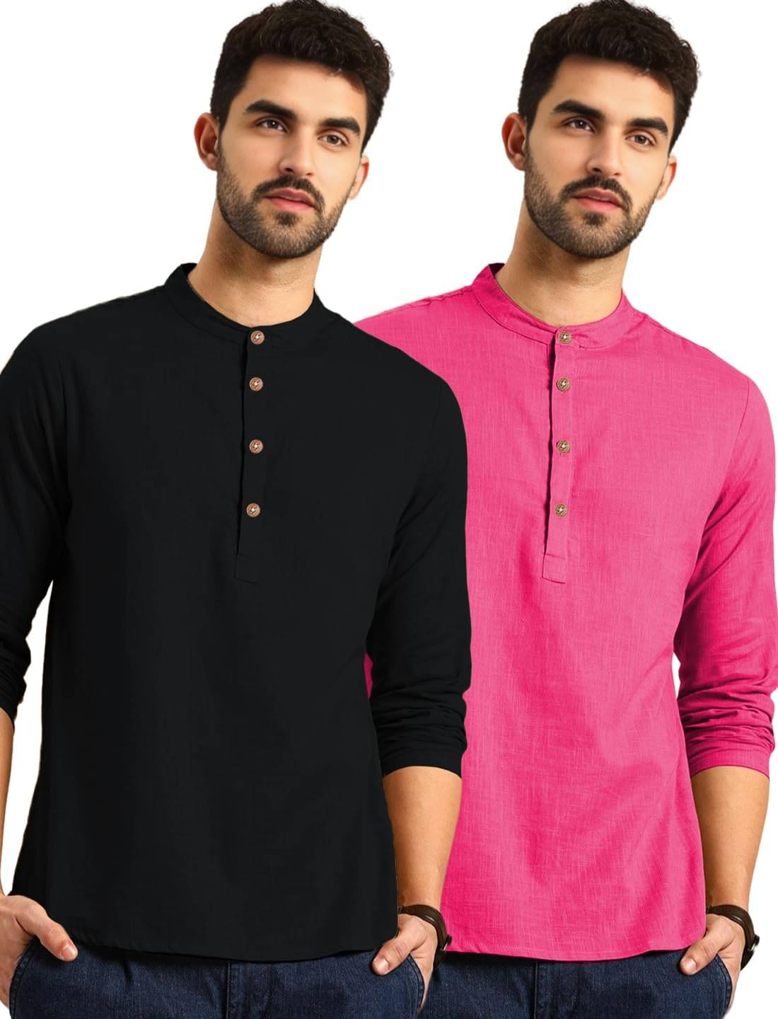 Vashuqi Pink Cotton Blend Men's Shirt Style Kurta ( Pack of 2 ) Vashuqi Pink Cotton Blend Men's Shirt Style Kurta ( Pack of 2 )