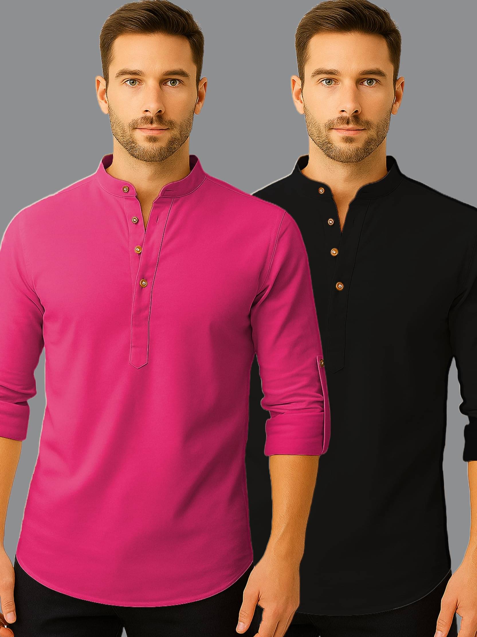 Vashuqi Pink Cotton Blend Men's Shirt Style Kurta ( Pack of 2 )     			Vashuqi Pink Cotton Blend Men's Shirt Style Kurta ( Pack of 2 )