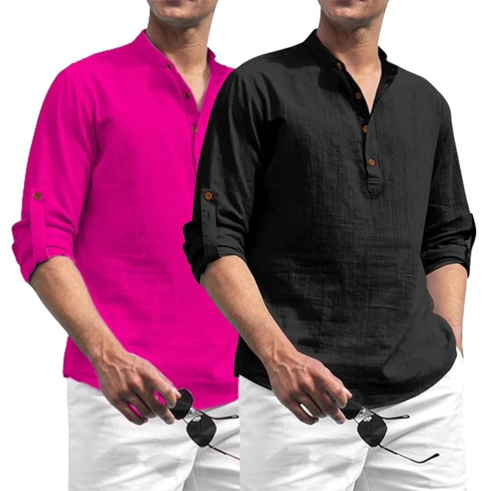 Vashuqi Pink Cotton Blend Men's Shirt Style Kurta ( Pack of 2 )     			Vashuqi Pink Cotton Blend Men's Shirt Style Kurta ( Pack of 2 )