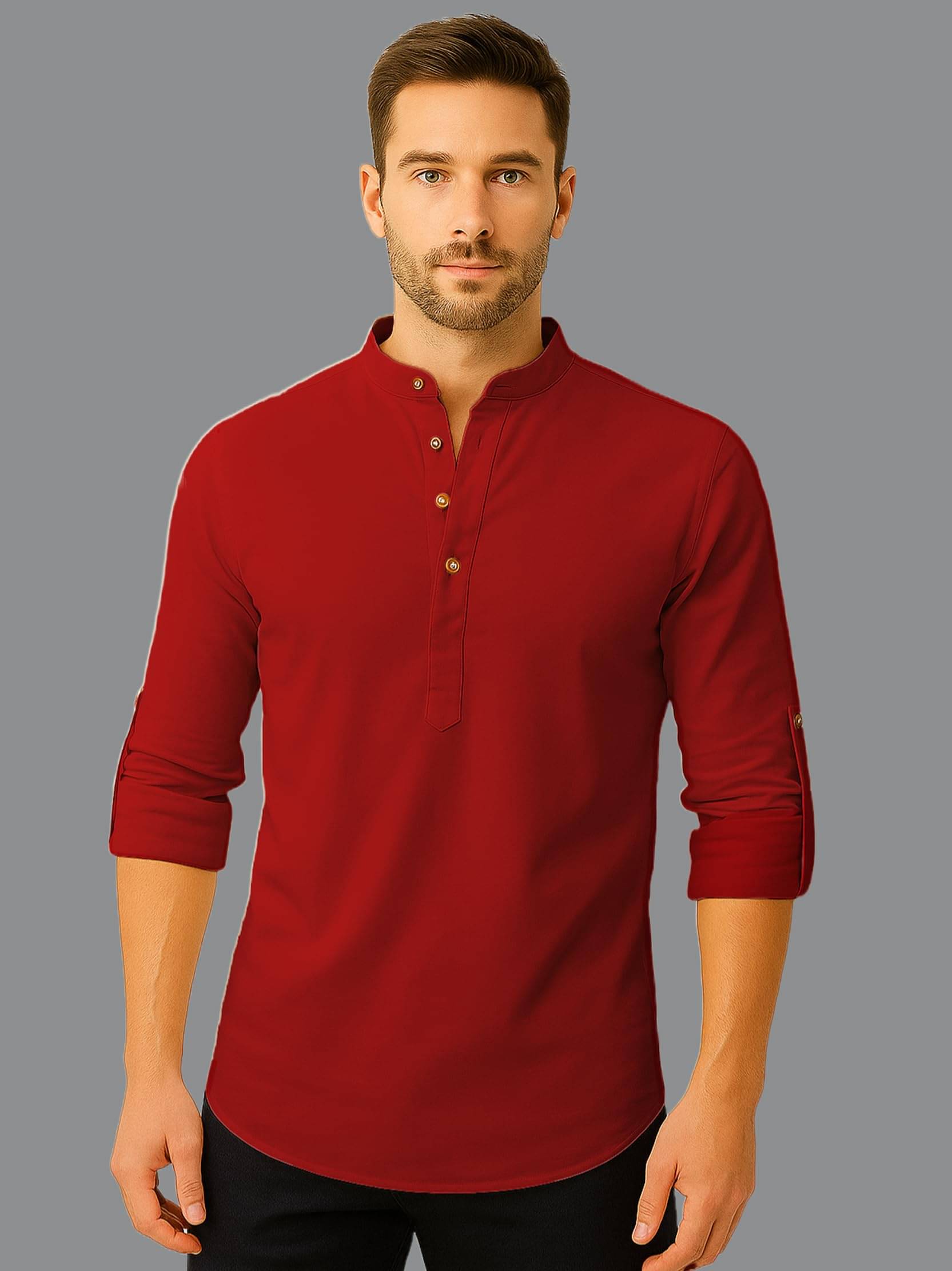 Vashuqi Red Cotton Blend Men's Shirt Style Kurta ( Pack of 1 )     			Vashuqi Red Cotton Blend Men's Shirt Style Kurta ( Pack of 1 )