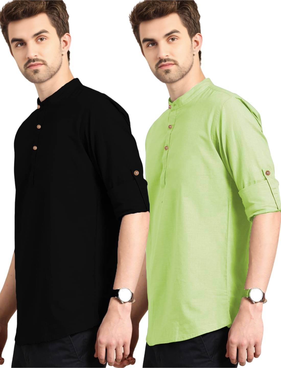     			Vashuqi Sea Green Cotton Blend Men's Shirt Style Kurta ( Pack of 2 )