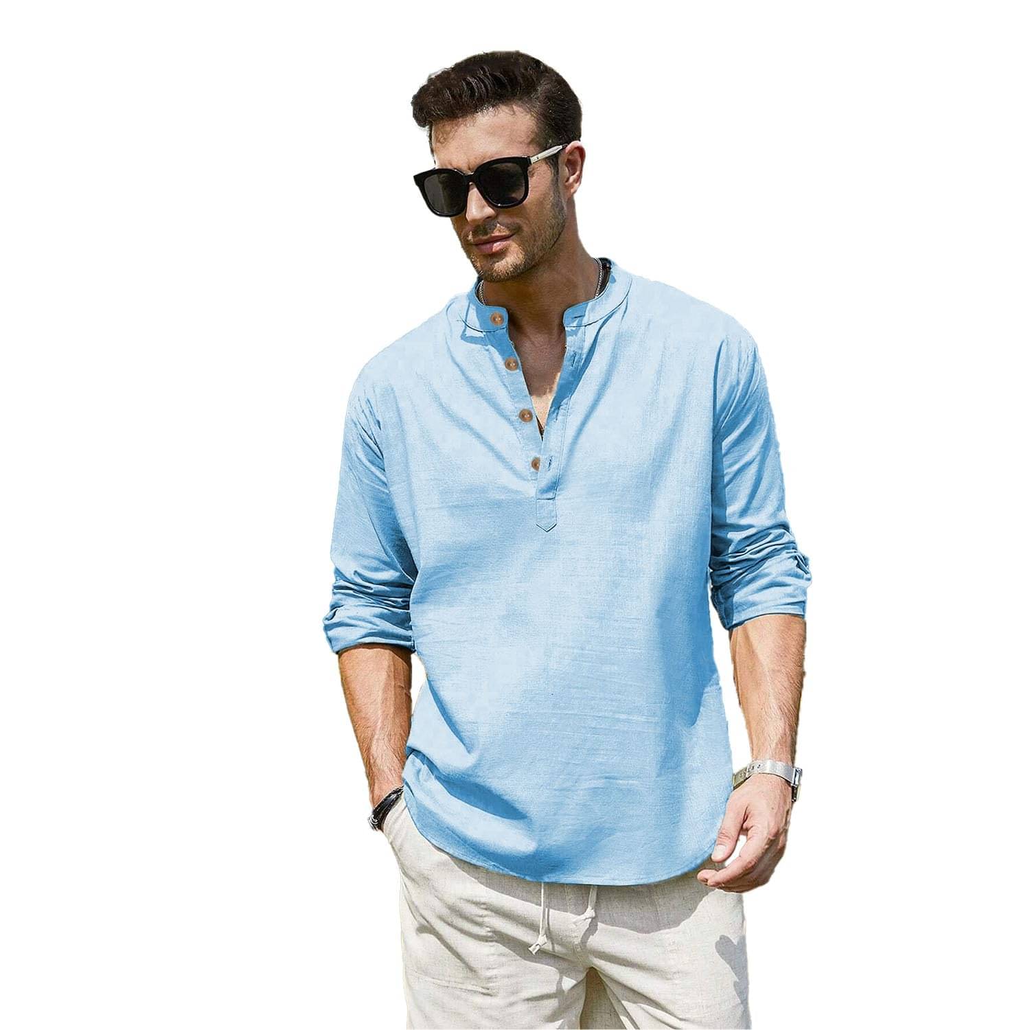 Vashuqi Sky Blue Cotton Blend Men's Shirt Style Kurta ( Pack of 1 )     			Vashuqi Sky Blue Cotton Blend Men's Shirt Style Kurta ( Pack of 1 )