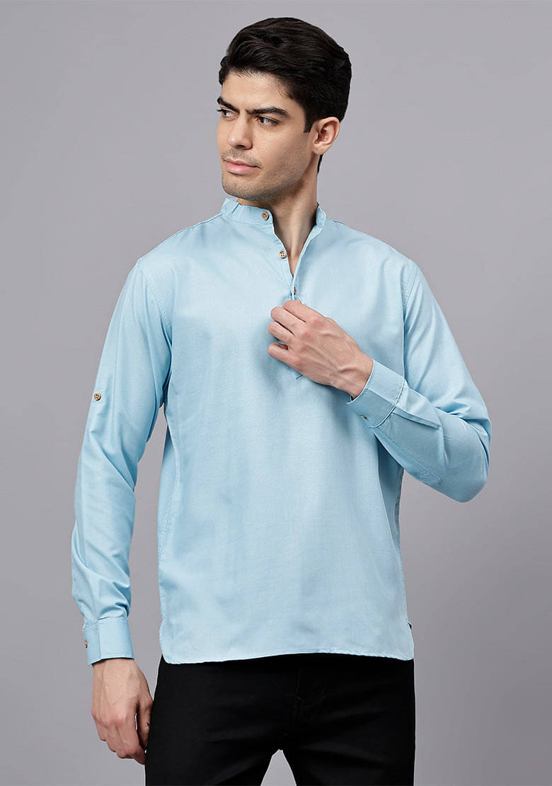 Vashuqi Sky Blue Cotton Blend Men's Shirt Style Kurta ( Pack of 1 )     			Vashuqi Sky Blue Cotton Blend Men's Shirt Style Kurta ( Pack of 1 )