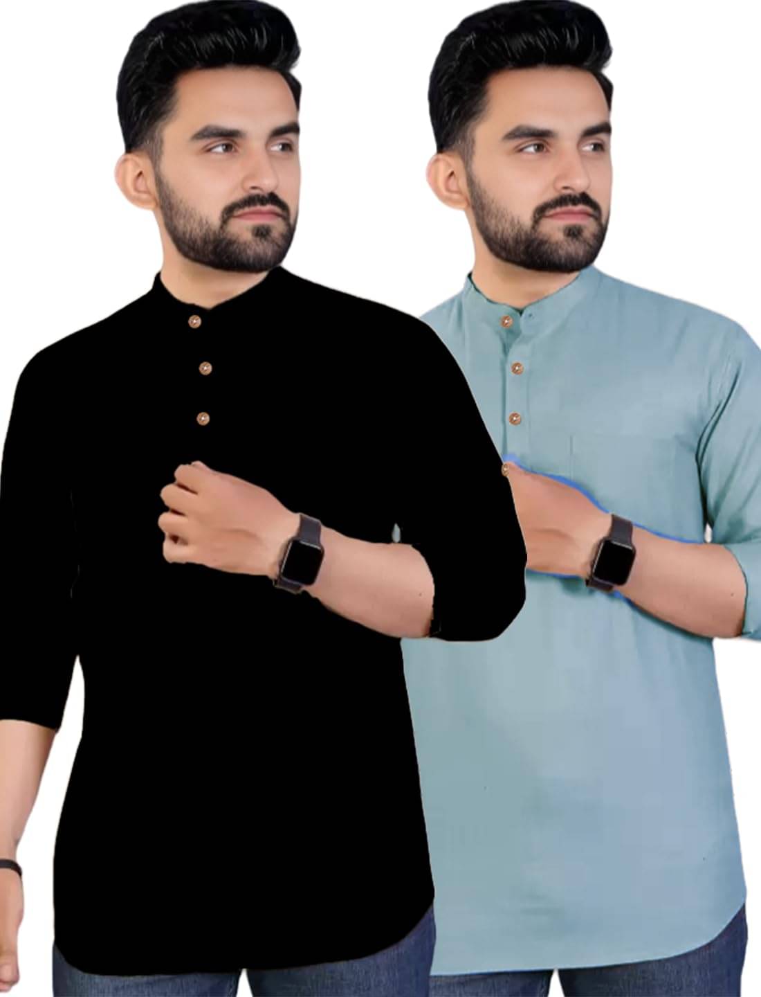 Vashuqi Sky Blue Cotton Blend Men's Shirt Style Kurta ( Pack of 2 )     			Vashuqi Sky Blue Cotton Blend Men's Shirt Style Kurta ( Pack of 2 )