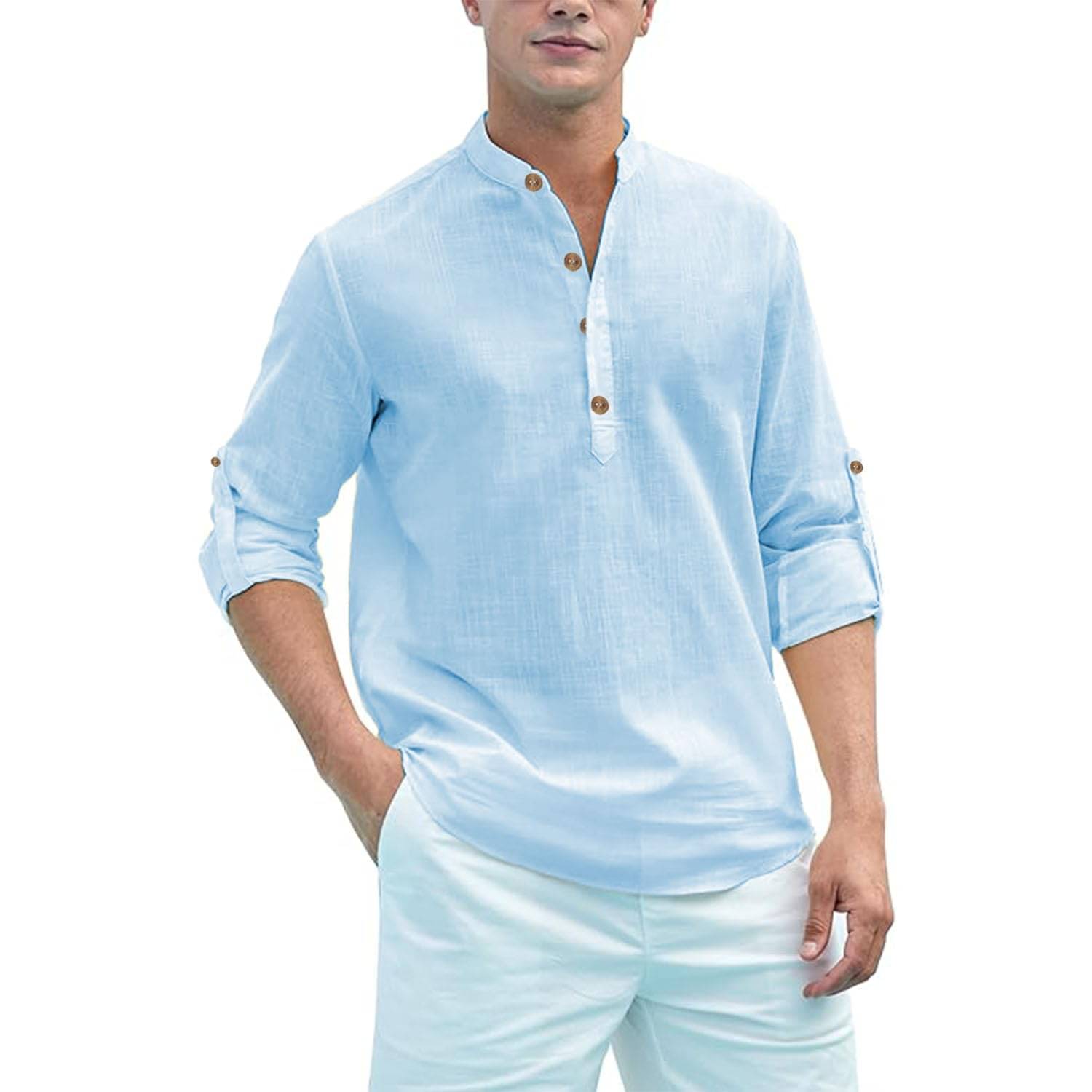 Vashuqi Sky Blue Cotton Blend Men's Shirt Style Kurta ( Pack of 1 )     			Vashuqi Sky Blue Cotton Blend Men's Shirt Style Kurta ( Pack of 1 )