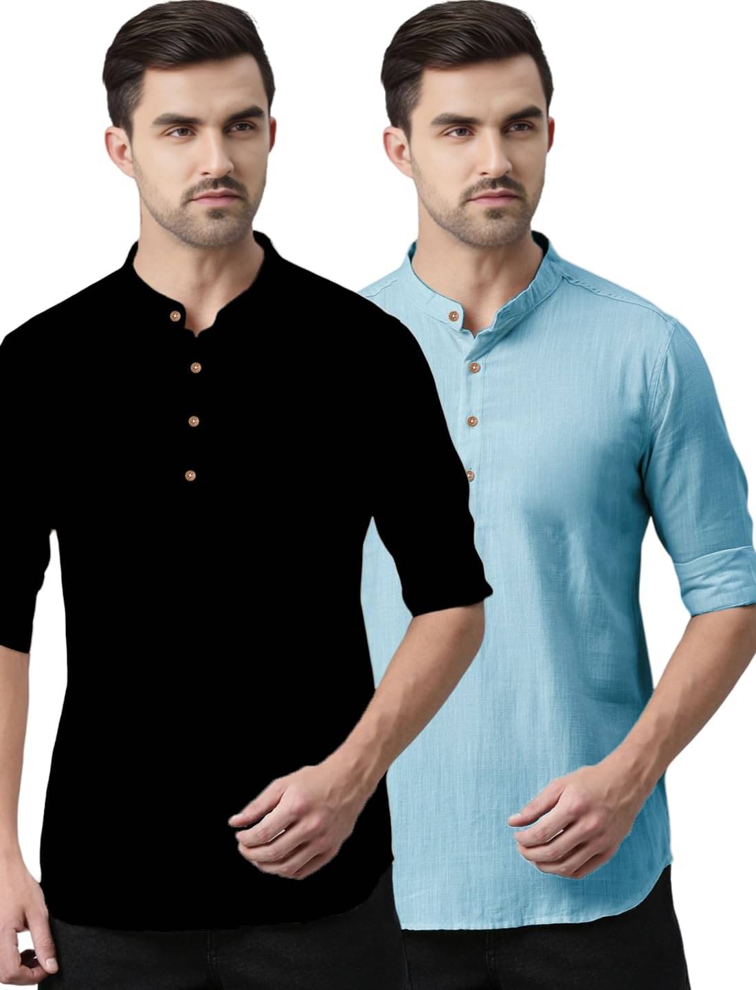 Vashuqi Sky Blue Cotton Blend Men's Shirt Style Kurta ( Pack of 2 )     			Vashuqi Sky Blue Cotton Blend Men's Shirt Style Kurta ( Pack of 2 )