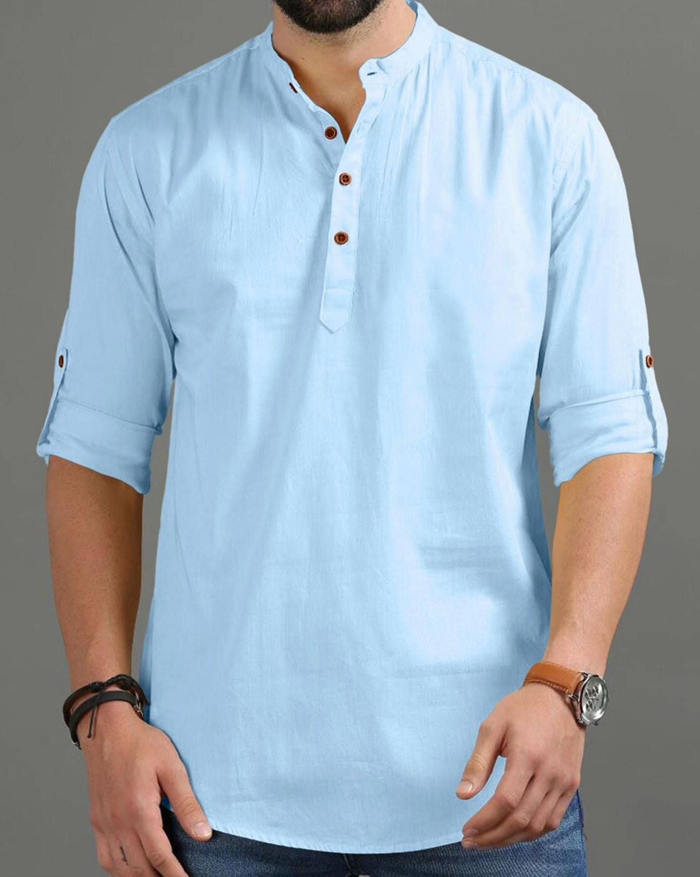 Vashuqi Sky Blue Cotton Blend Men's Shirt Style Kurta ( Pack of 1 )     			Vashuqi Sky Blue Cotton Blend Men's Shirt Style Kurta ( Pack of 1 )