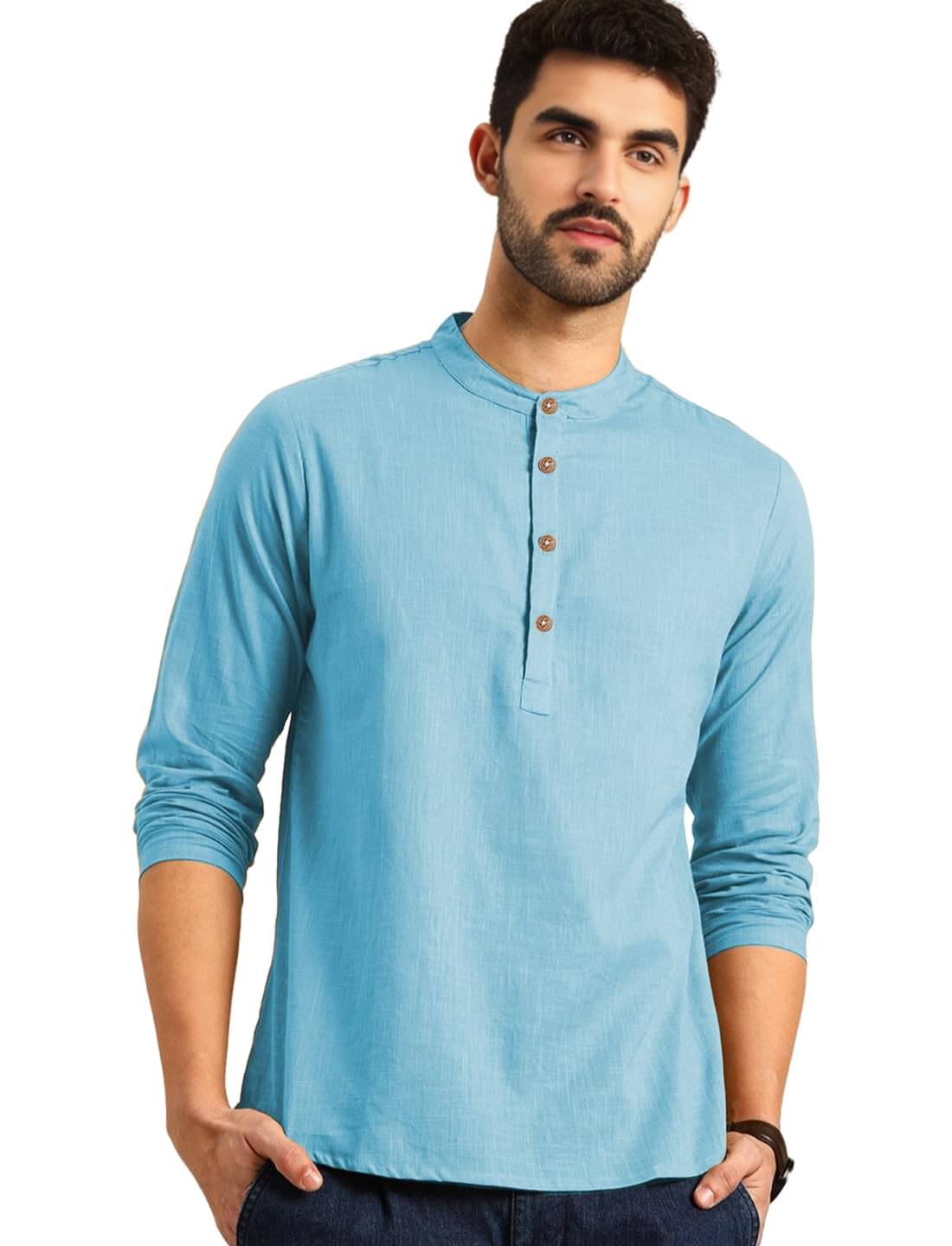 Vashuqi Sky Blue Cotton Blend Men's Shirt Style Kurta ( Pack of 1 )     			Vashuqi Sky Blue Cotton Blend Men's Shirt Style Kurta ( Pack of 1 )