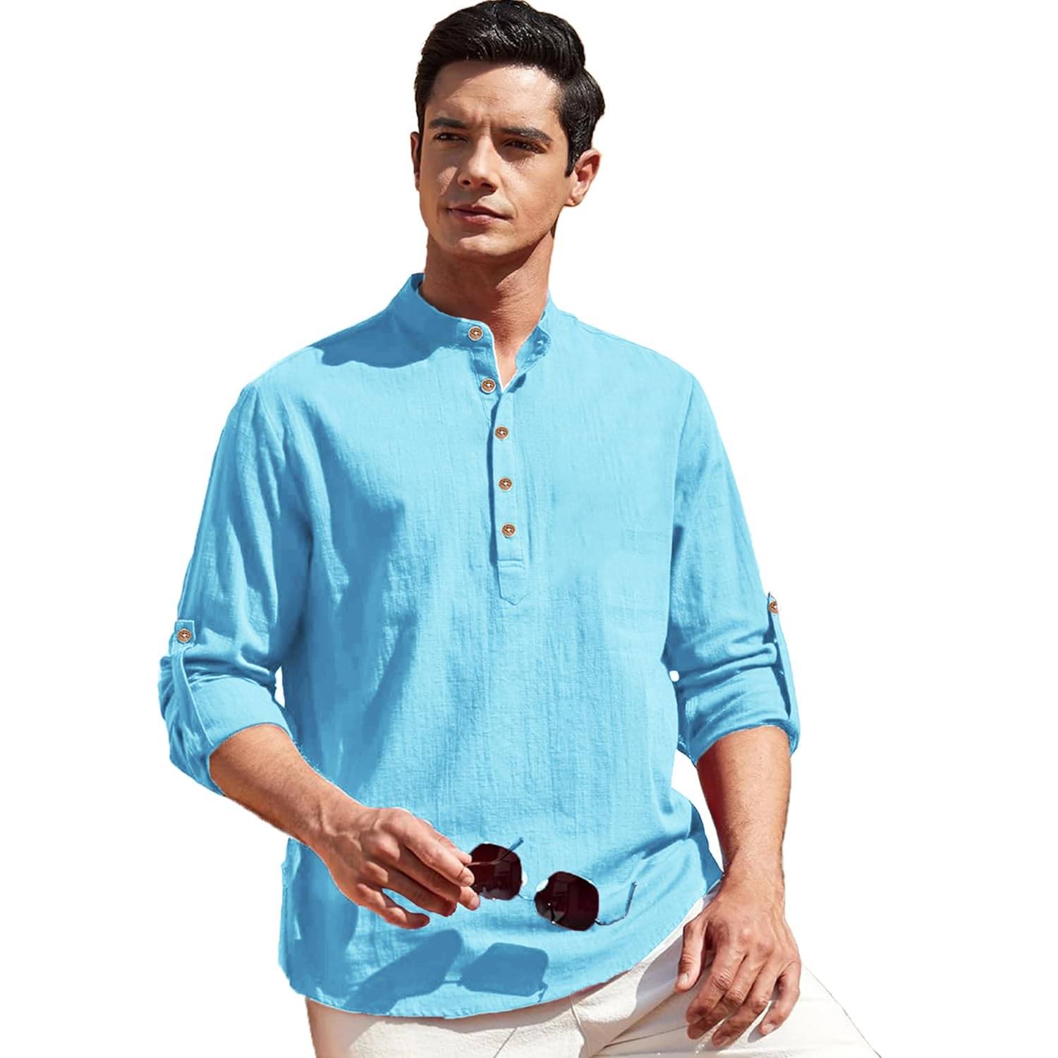     			Vashuqi Sky Blue Cotton Blend Men's Shirt Style Kurta ( Pack of 1 )