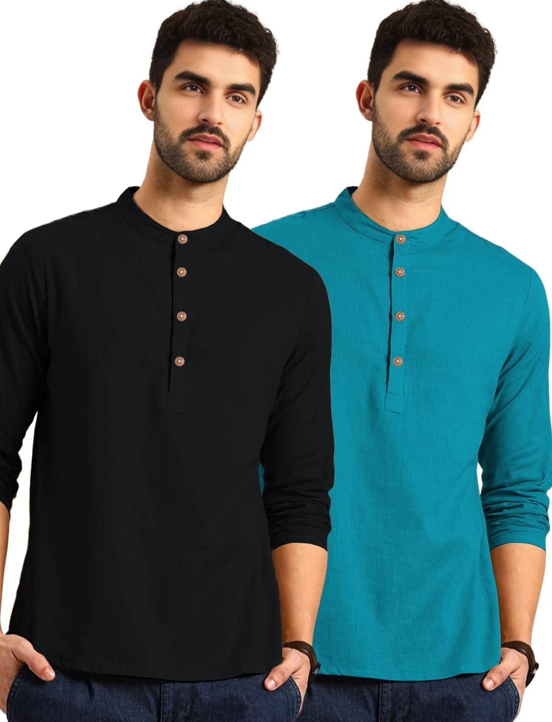 Vashuqi Turquoise Cotton Blend Men's Shirt Style Kurta ( Pack of 2 ) Vashuqi Turquoise Cotton Blend Men's Shirt Style Kurta ( Pack of 2 )