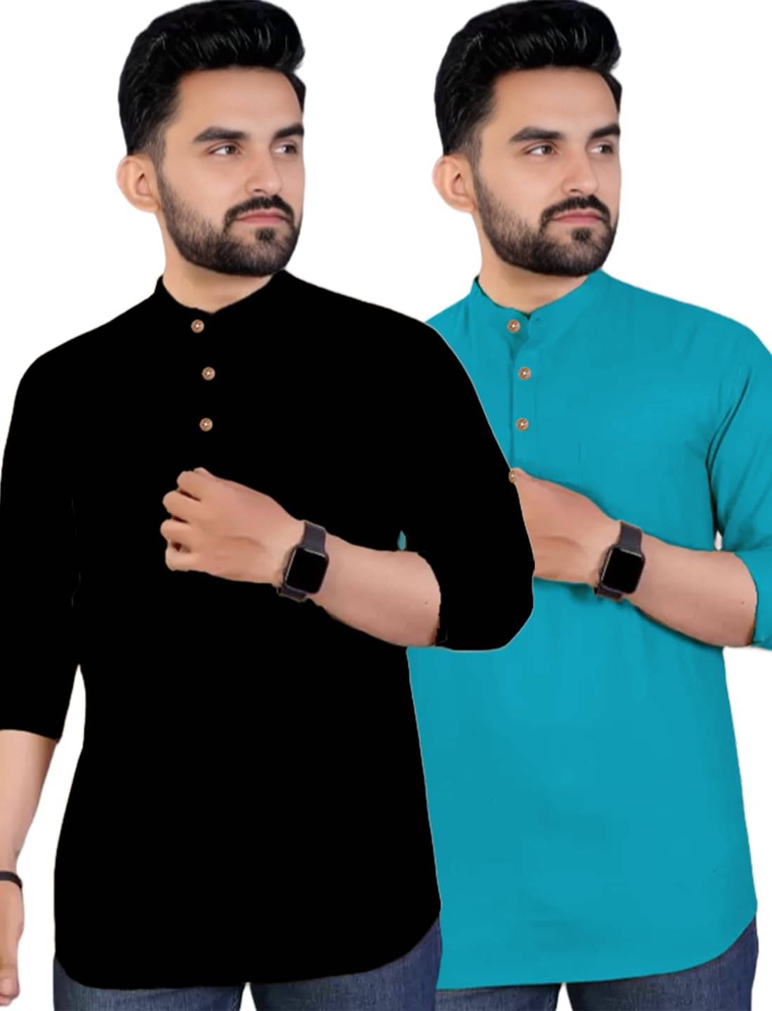     			Vashuqi Turquoise Cotton Blend Men's Shirt Style Kurta ( Pack of 2 )