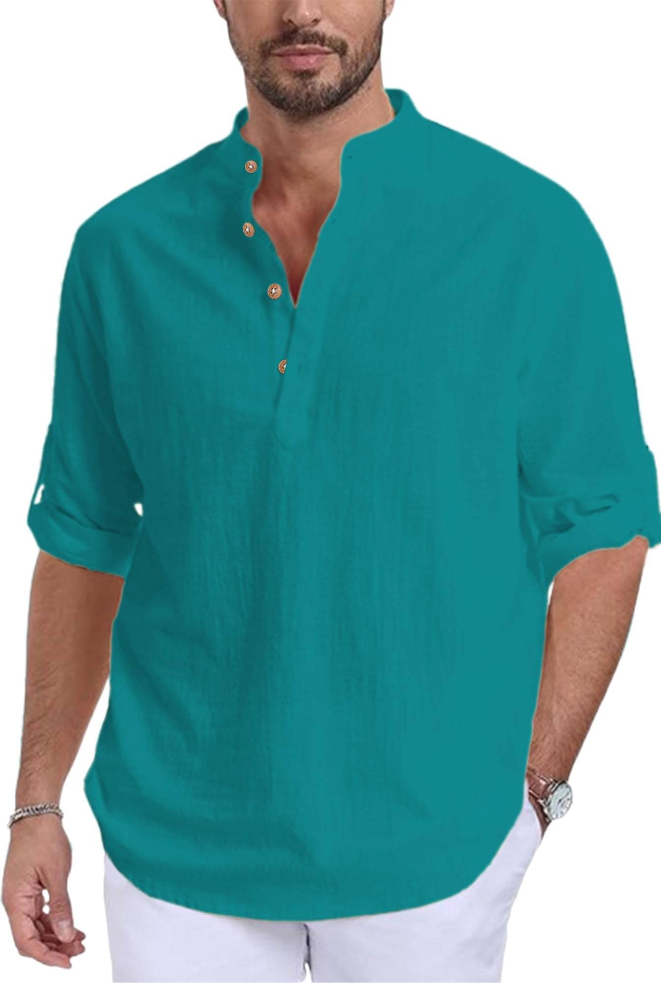 Vashuqi Turquoise Cotton Blend Men's Shirt Style Kurta ( Pack of 1 ) Vashuqi Turquoise Cotton Blend Men's Shirt Style Kurta ( Pack of 1 )