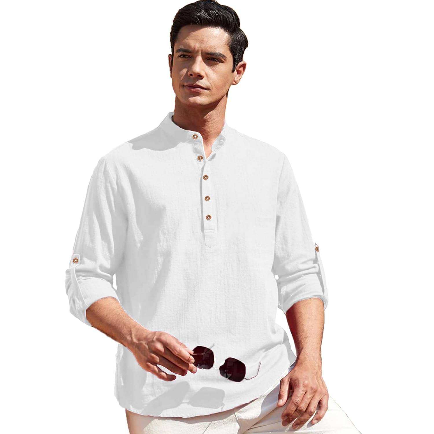 Vashuqi White Cotton Blend Men's Shirt Style Kurta ( Pack of 1 ) Vashuqi White Cotton Blend Men's Shirt Style Kurta ( Pack of 1 )