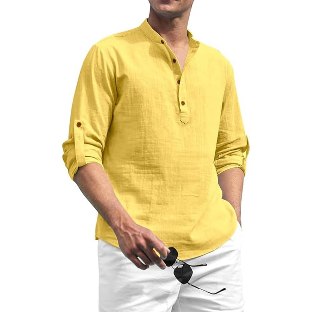 Vashuqi Yellow Cotton Blend Men's Shirt Style Kurta ( Pack of 1 )     			Vashuqi Yellow Cotton Blend Men's Shirt Style Kurta ( Pack of 1 )