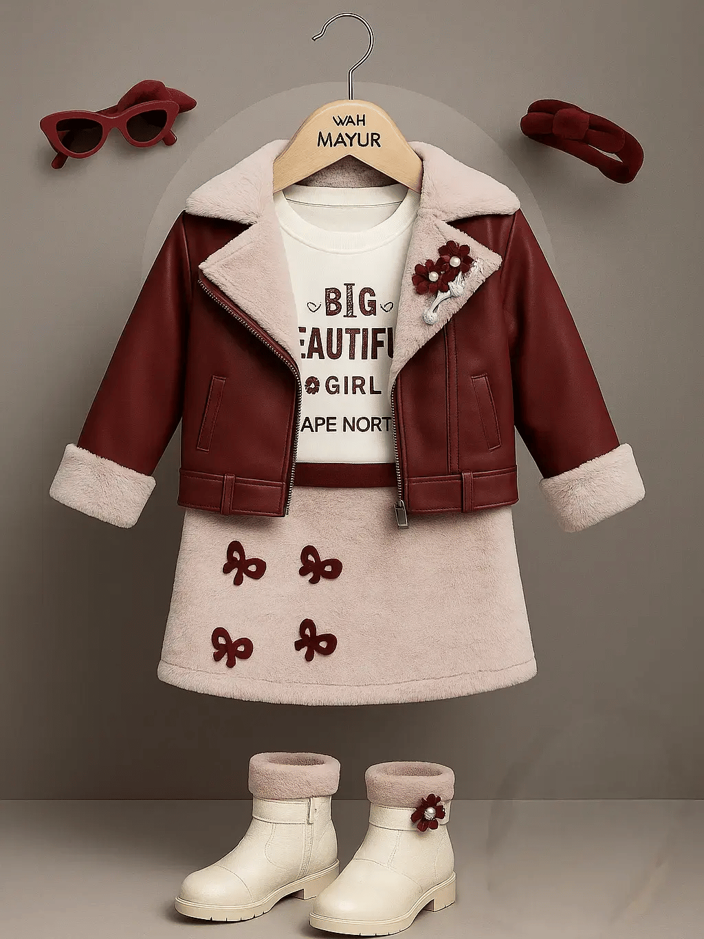     			Wah Mayur Pack of 1 Girls Faux Fur T-shirt & Skirt ( Maroon )