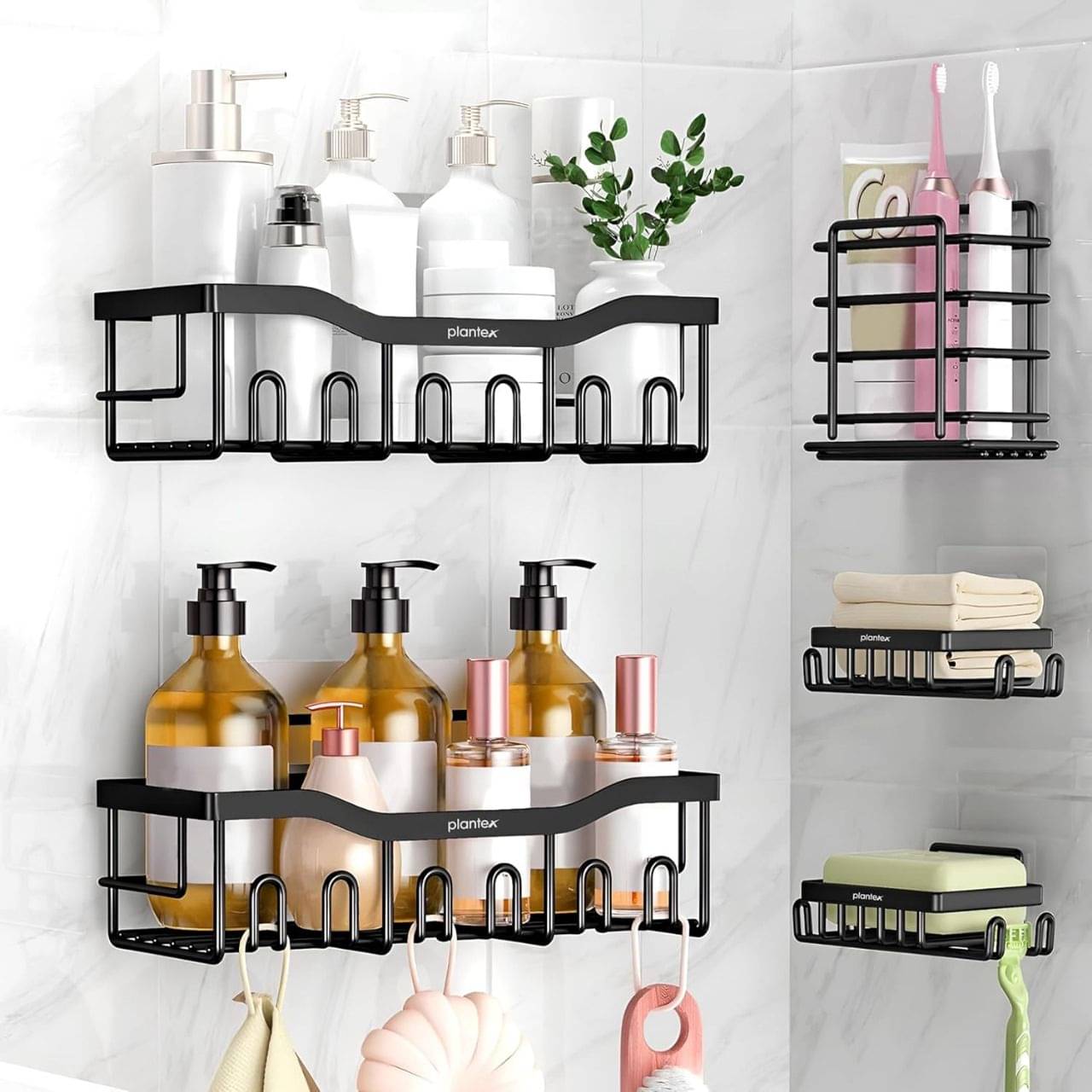     			rich mart Adhesive Shower Caddy 5 Pack , No Drilling,Stainless Steel Shelf for Bathroom Stainless Steel Wall Shelf  (Number of Shelves - 5, Black)