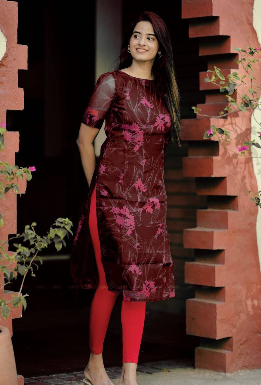     			zerbit Women Organza Solid A-line Kurti ( Maroon )