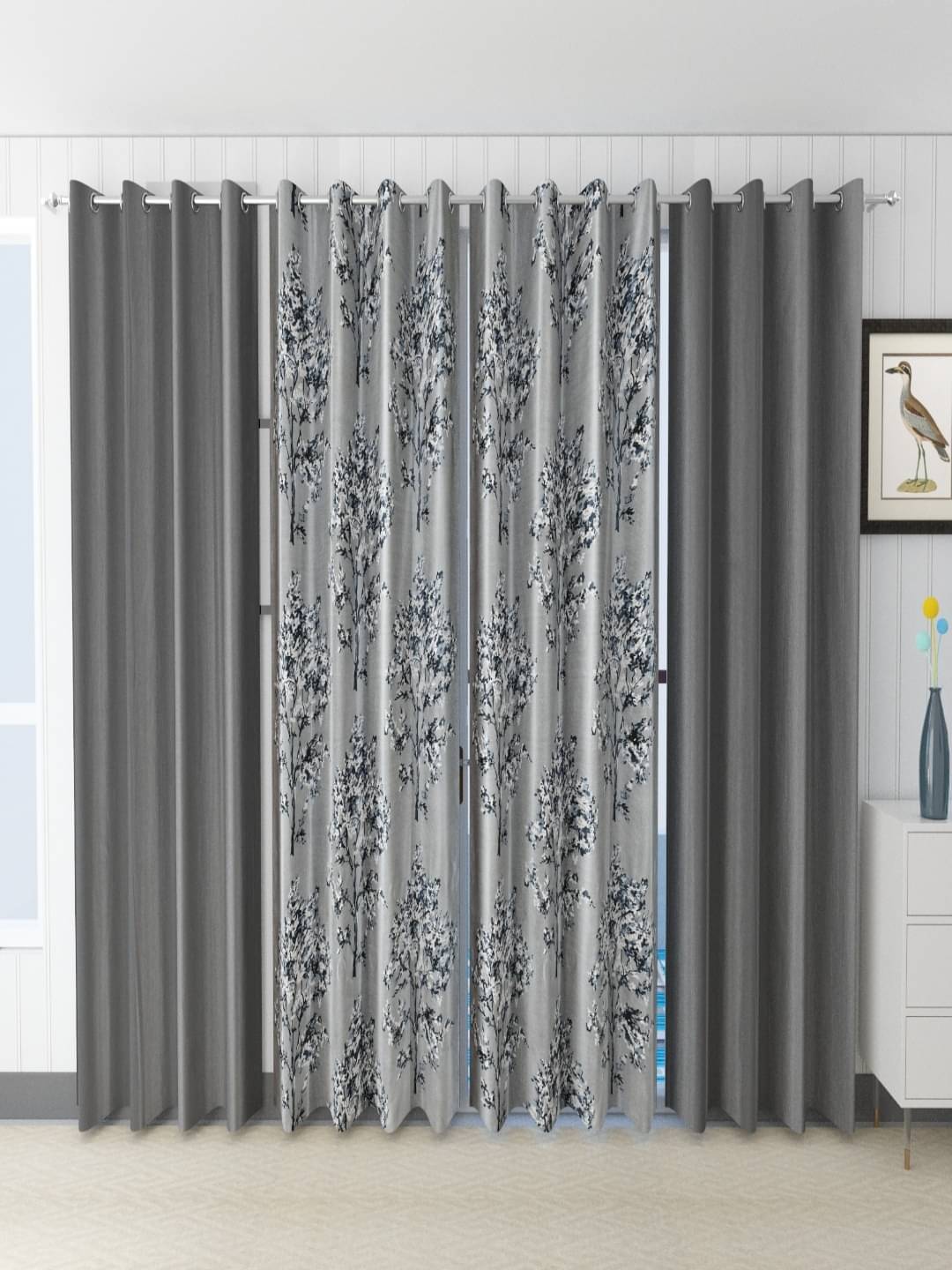     			ADASHI INDIA Floral Semi-Transparent Eyelet Curtain 6 ft ( Pack of 4 ) - Grey