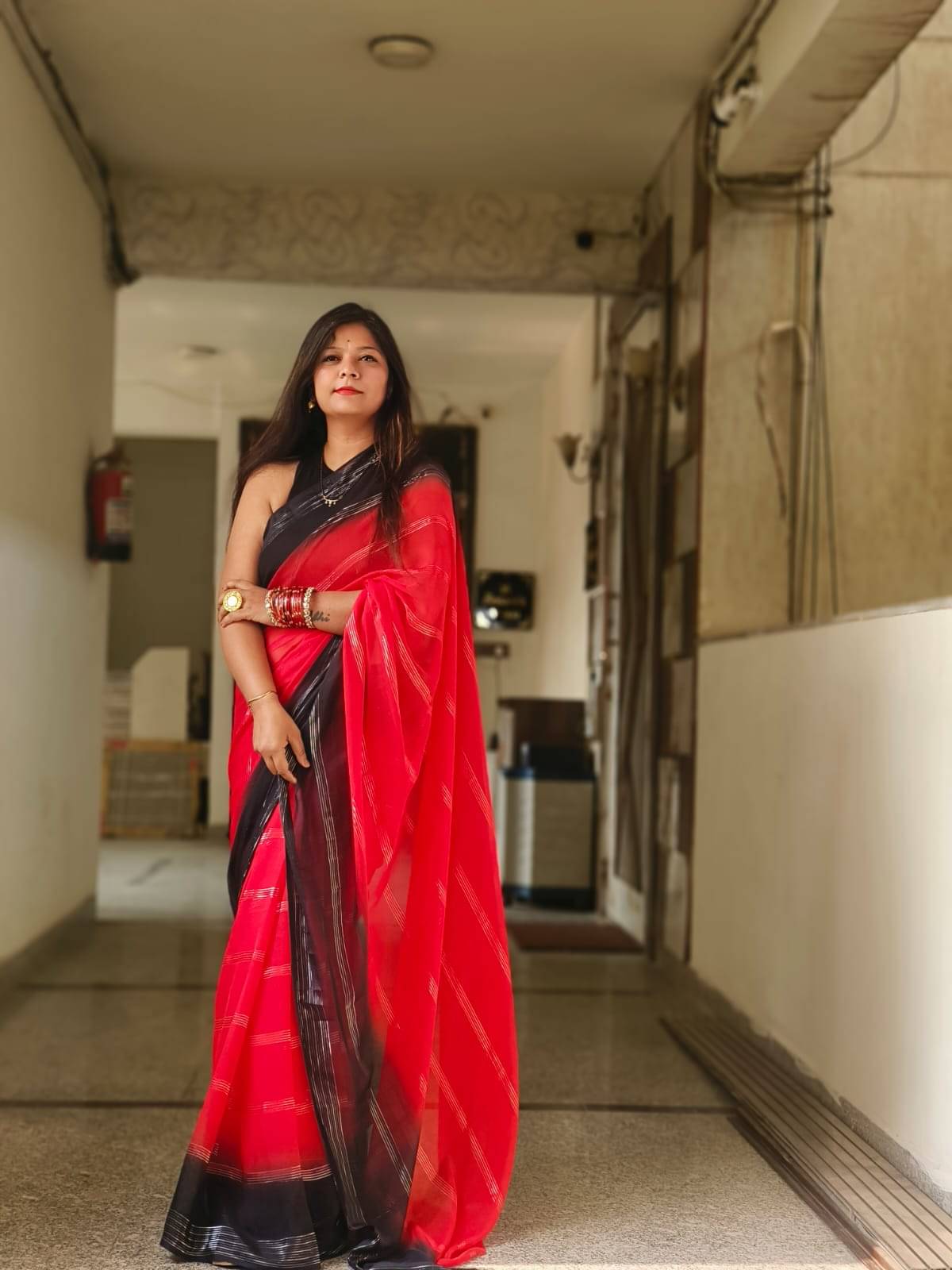 ANAND SAREES Georgette Solid Ilkal Saree With Unstitched Blouse Piece ( Red )     			ANAND SAREES Georgette Solid Ilkal Saree With Unstitched Blouse Piece ( Red )