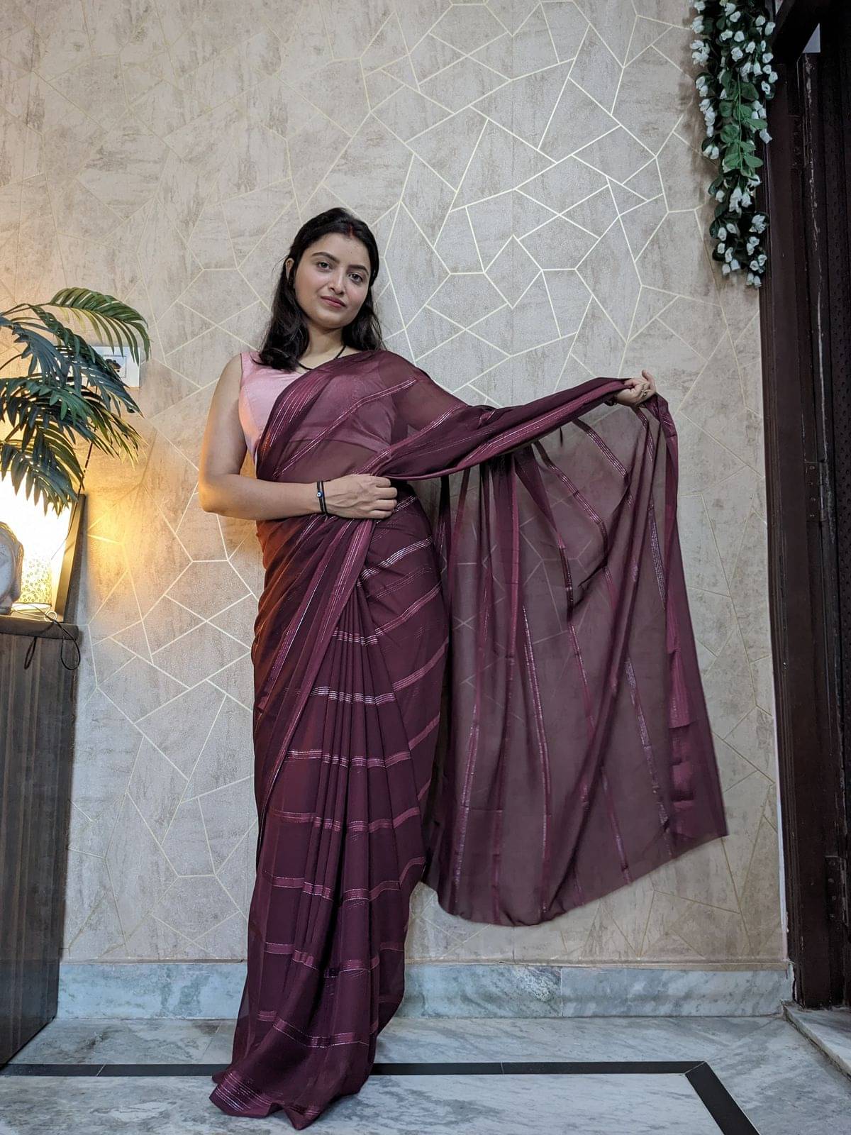 ANAND SAREES Georgette Solid Ilkal Saree With Unstitched Blouse Piece ( Brown )     			ANAND SAREES Georgette Solid Ilkal Saree With Unstitched Blouse Piece ( Brown )