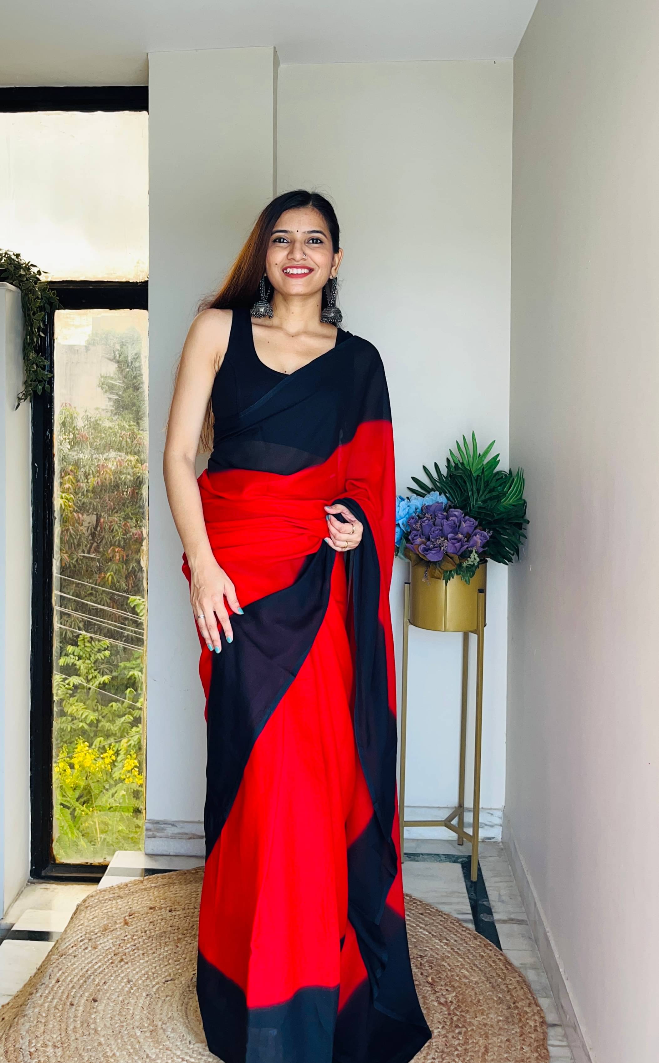     			ANAND SAREES Georgette Striped Ilkal Saree With Unstitched Blouse Piece ( Black )