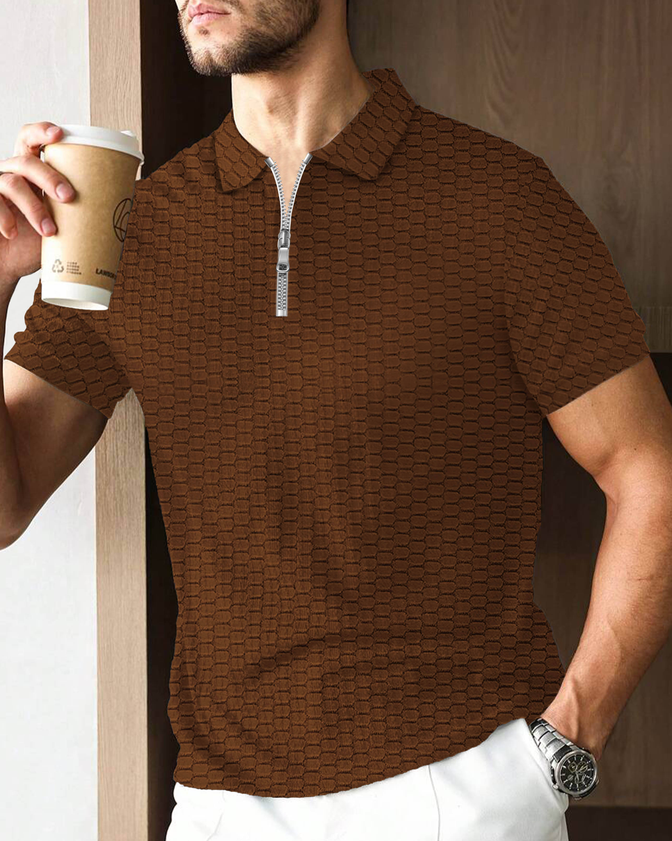 AOOSH Men Cotton Blend Regular Fit Self Design Polo T Shirt ( Brown ) AOOSH Men Cotton Blend Regular Fit Self Design Polo T Shirt ( Brown )