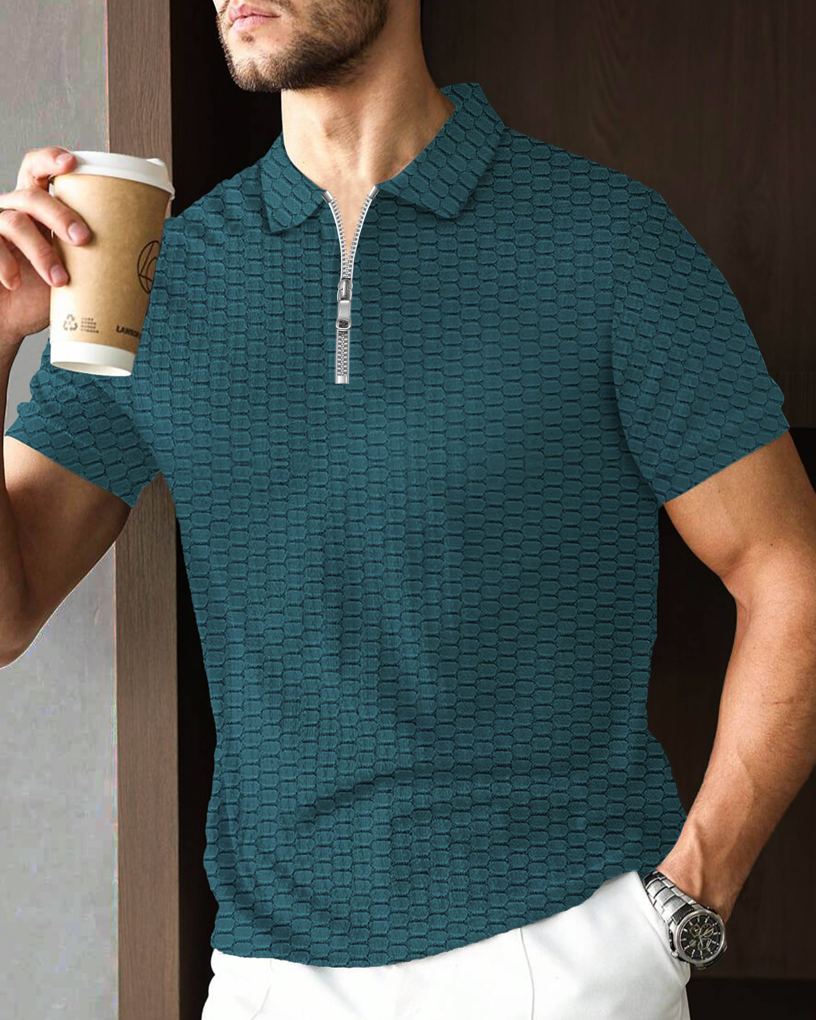 AOOSH Men Cotton Blend Regular Fit Self Design Polo T Shirt ( Green ) AOOSH Men Cotton Blend Regular Fit Self Design Polo T Shirt ( Green )