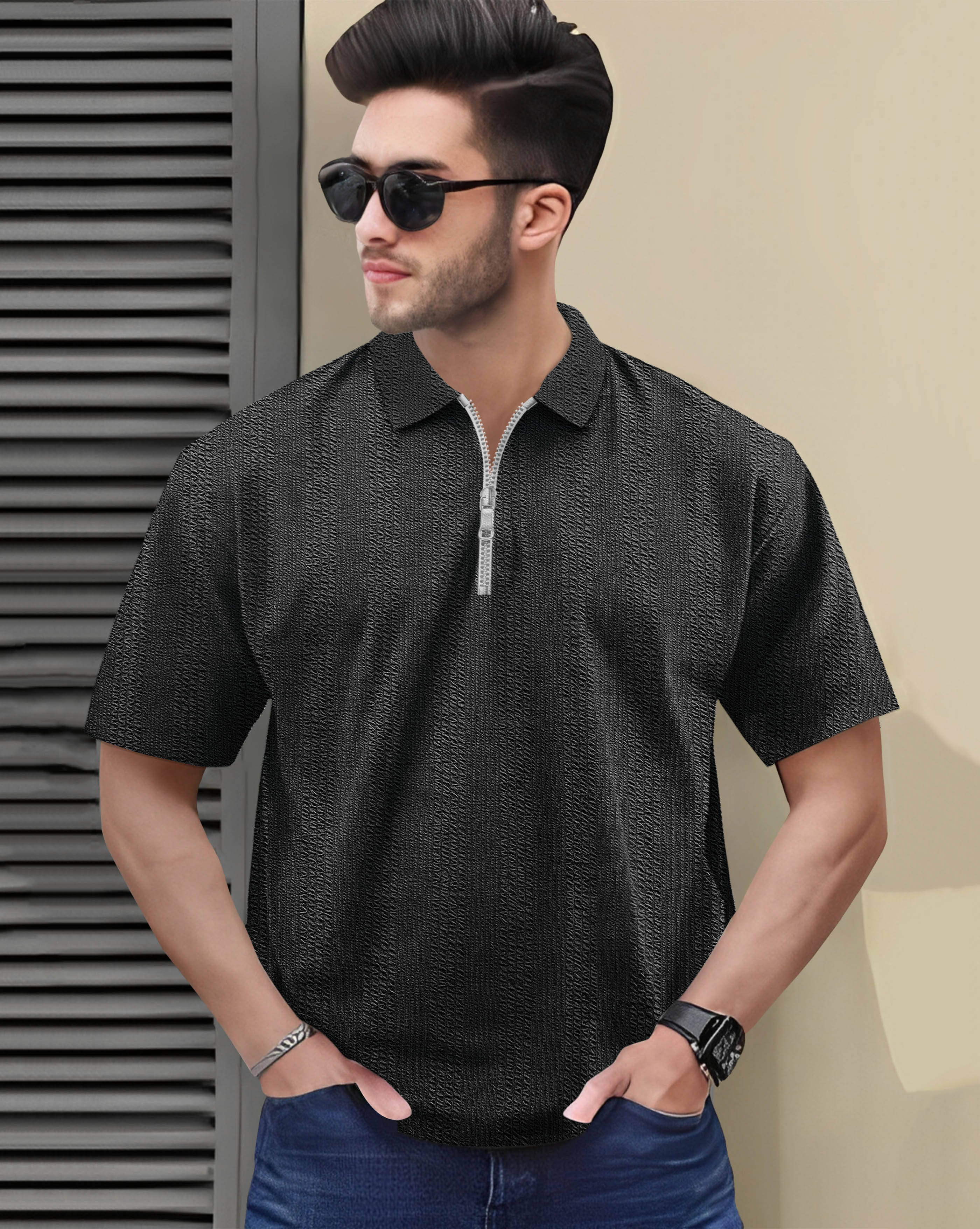 AOOSH Men Cotton Blend Regular Fit Self Design Polo T Shirt ( Black ) AOOSH Men Cotton Blend Regular Fit Self Design Polo T Shirt ( Black )