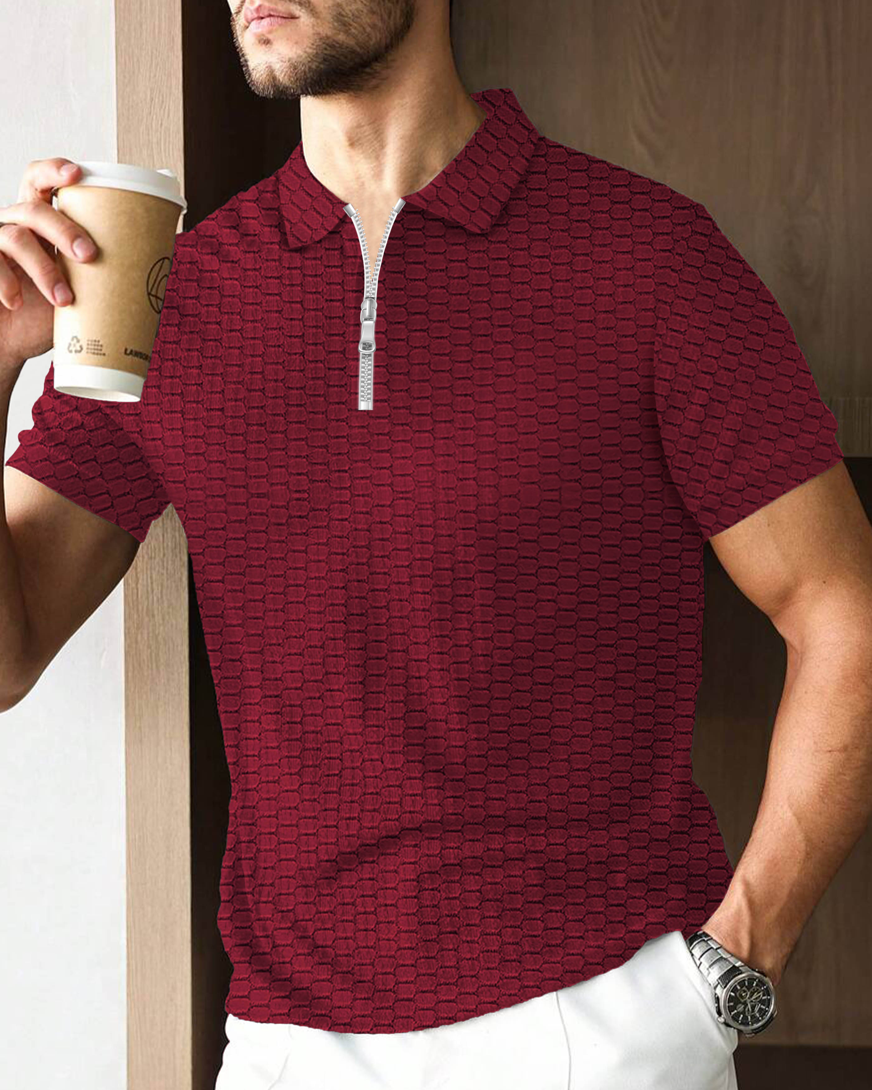 AOOSH Men Cotton Blend Regular Fit Self Design Polo T Shirt ( Maroon ) AOOSH Men Cotton Blend Regular Fit Self Design Polo T Shirt ( Maroon )
