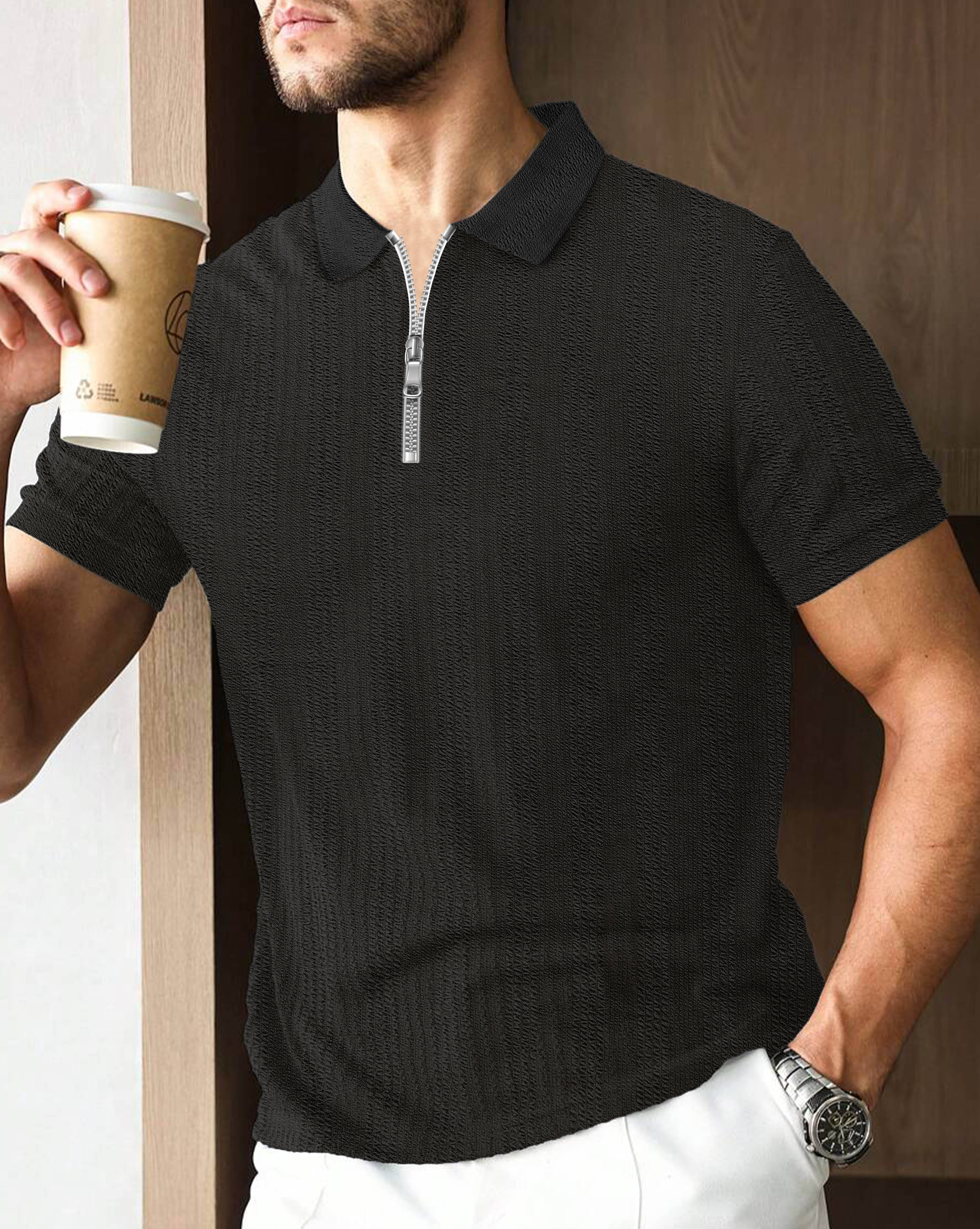 AOOSH Men Cotton Blend Regular Fit Self Design Polo T Shirt ( Black ) AOOSH Men Cotton Blend Regular Fit Self Design Polo T Shirt ( Black )