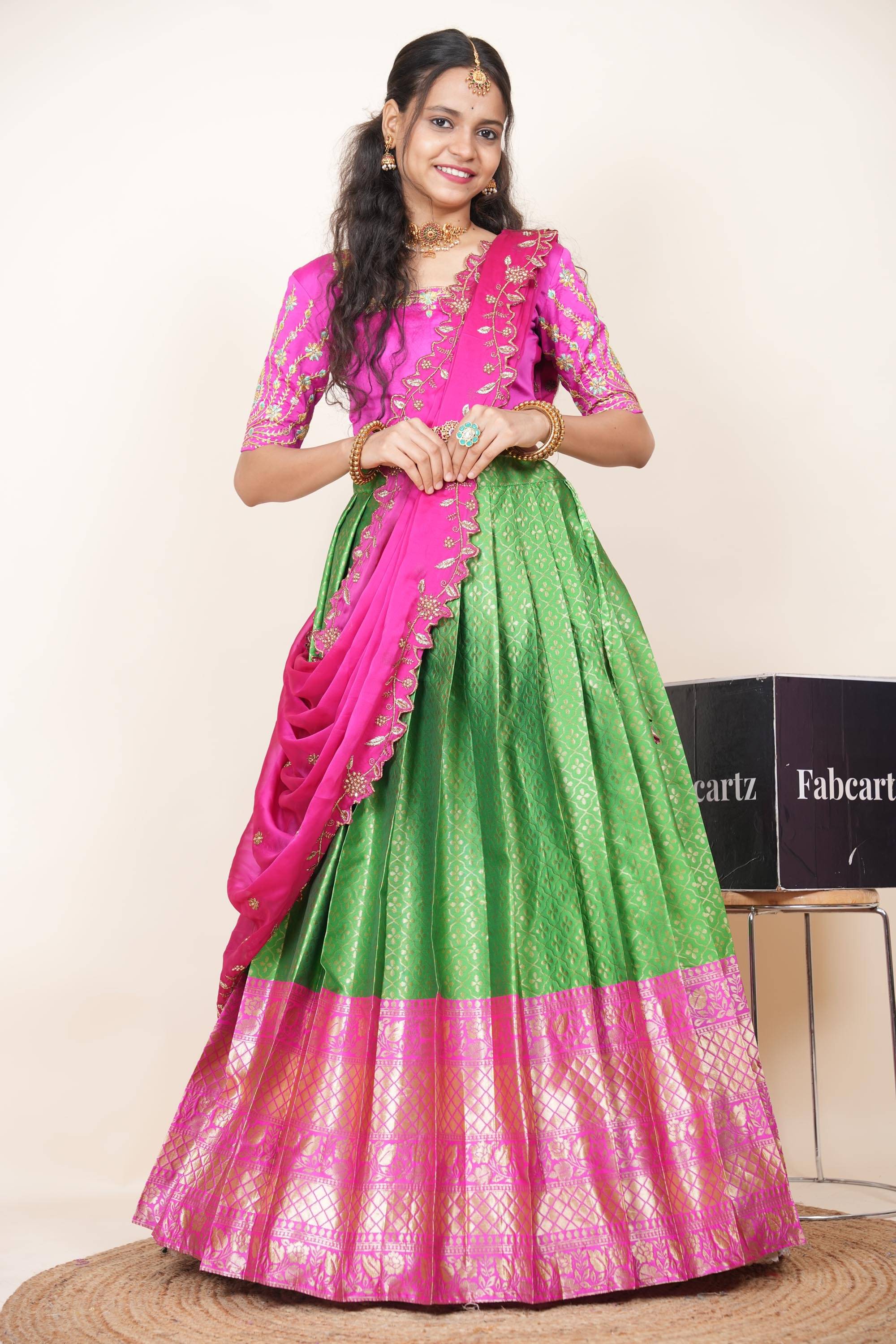 Fabcartz Women Jacquard Flared Semi Stitched Lehenga Choli ( Green ) Fabcartz Women Jacquard Flared Semi Stitched Lehenga Choli ( Green )