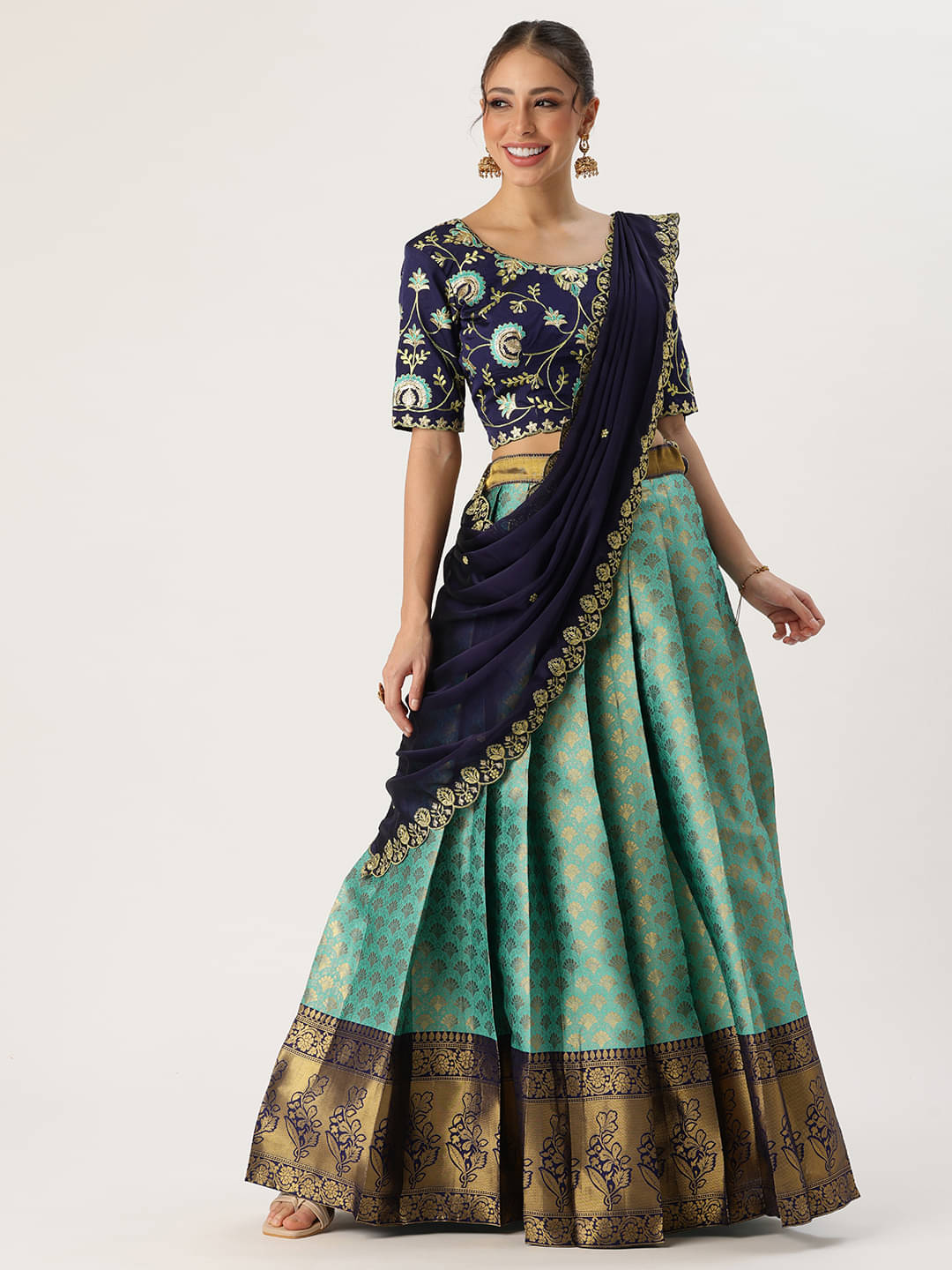 Fabcartz Women Jacquard Flared Semi Stitched Lehenga Choli ( Blue ) Fabcartz Women Jacquard Flared Semi Stitched Lehenga Choli ( Blue )
