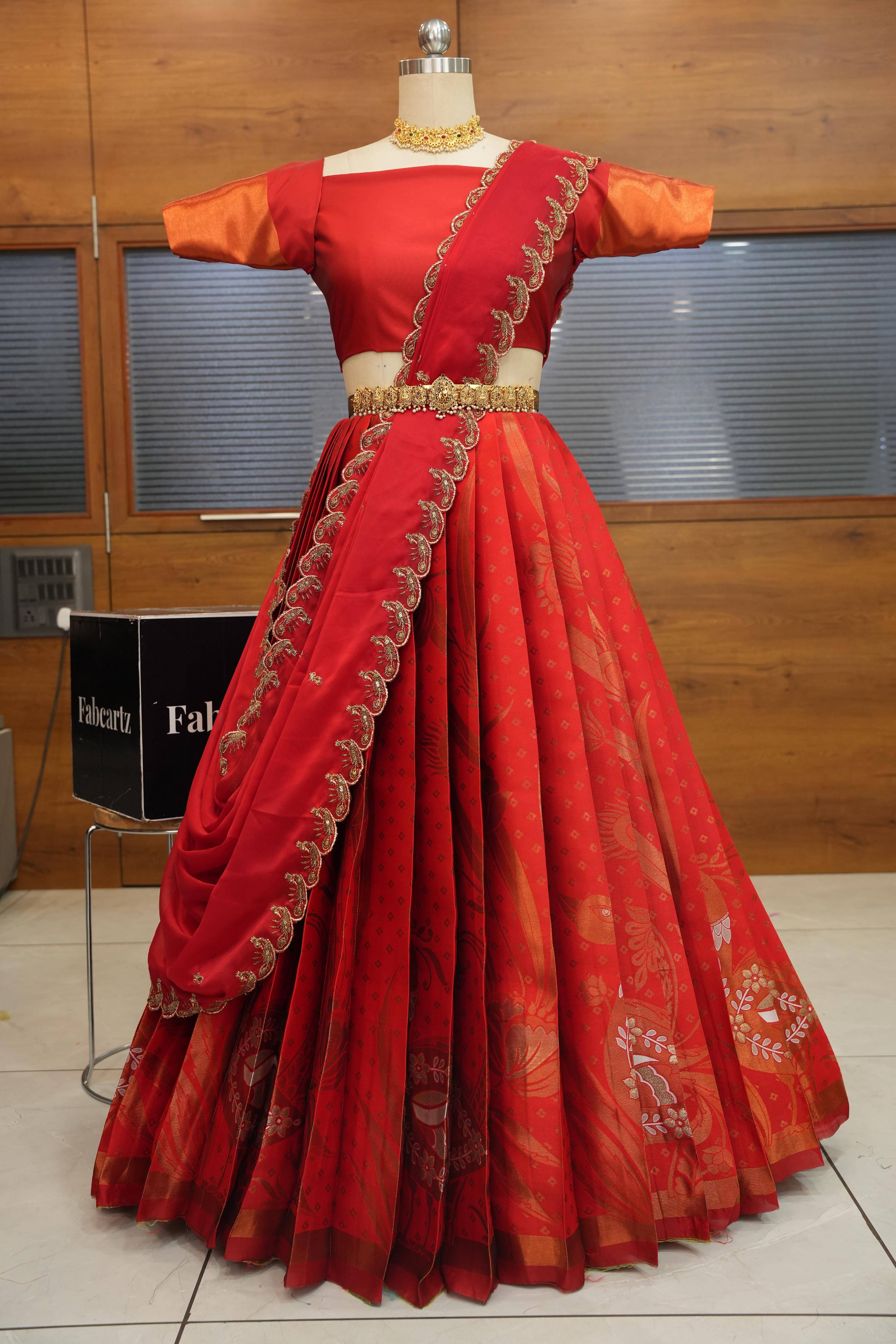 Fabcartz Women Jacquard Flared Unstitched Lehenga Choli ( Red ) Fabcartz Women Jacquard Flared Unstitched Lehenga Choli ( Red )