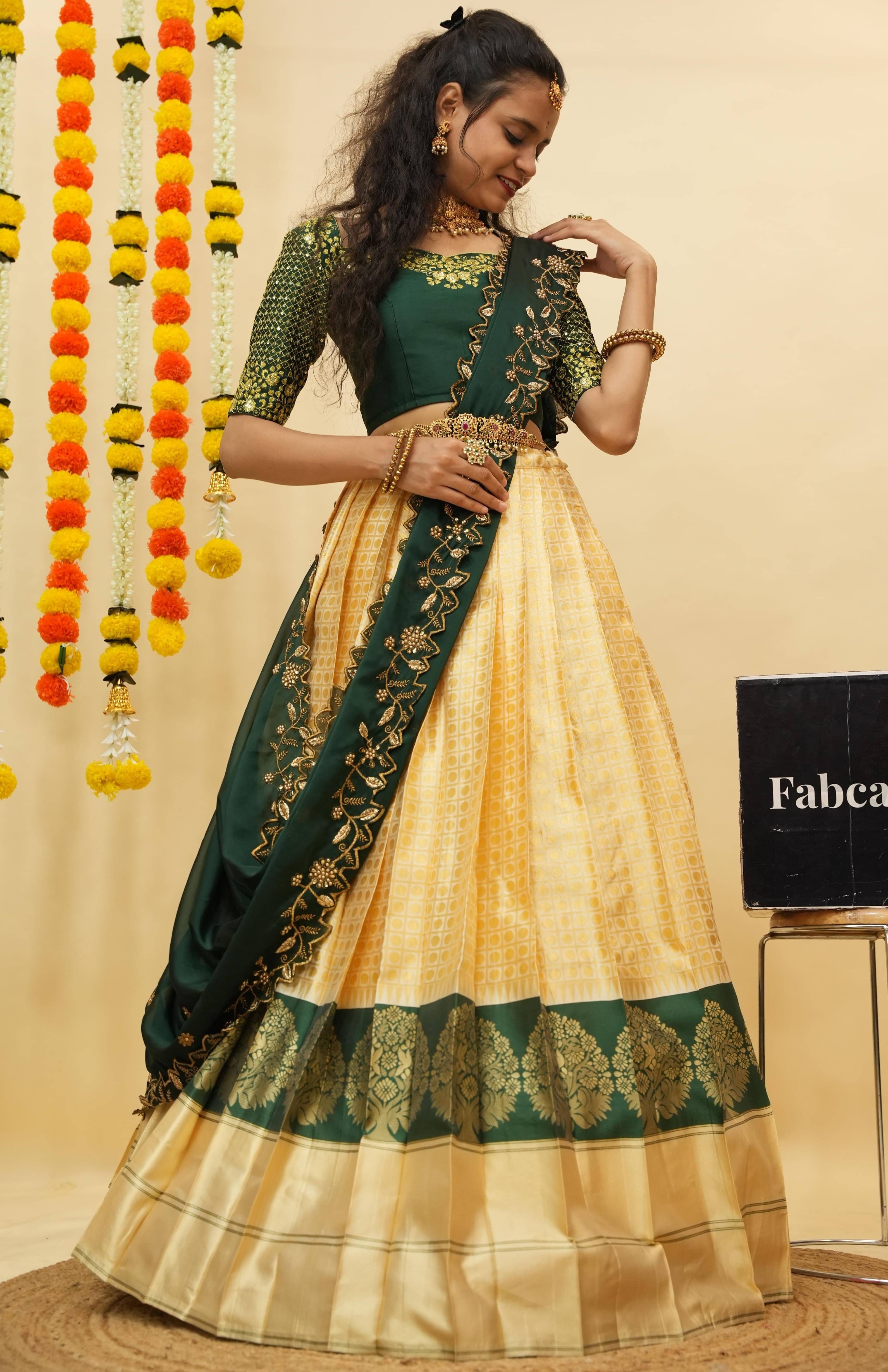 Fabcartz Women Jacquard Flared Unstitched Lehenga Choli ( Green )     			Fabcartz Women Jacquard Flared Unstitched Lehenga Choli ( Green )