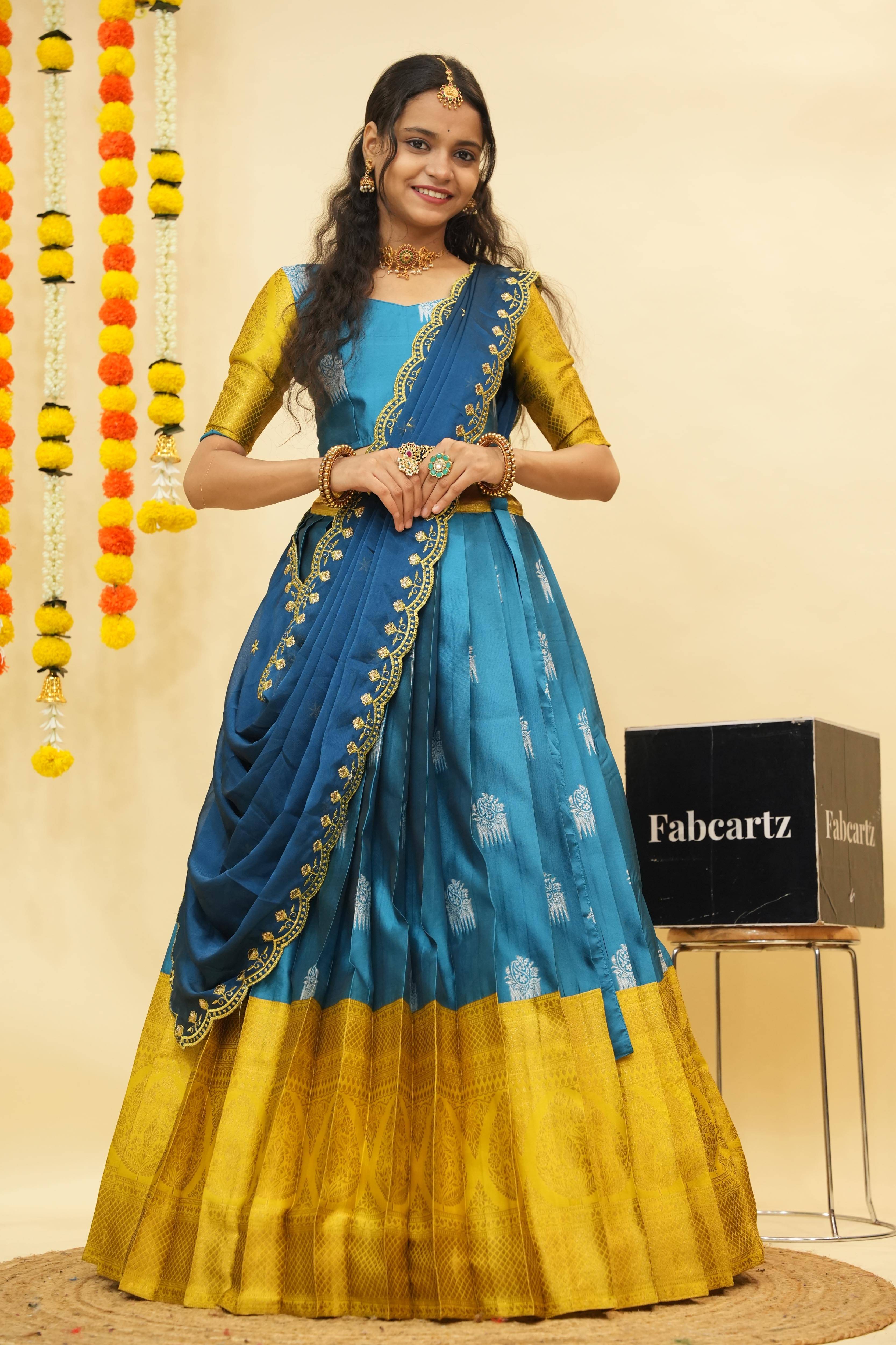 Fabcartz Women Jacquard Flared Unstitched Lehenga Choli ( Turquoise ) Fabcartz Women Jacquard Flared Unstitched Lehenga Choli ( Turquoise )